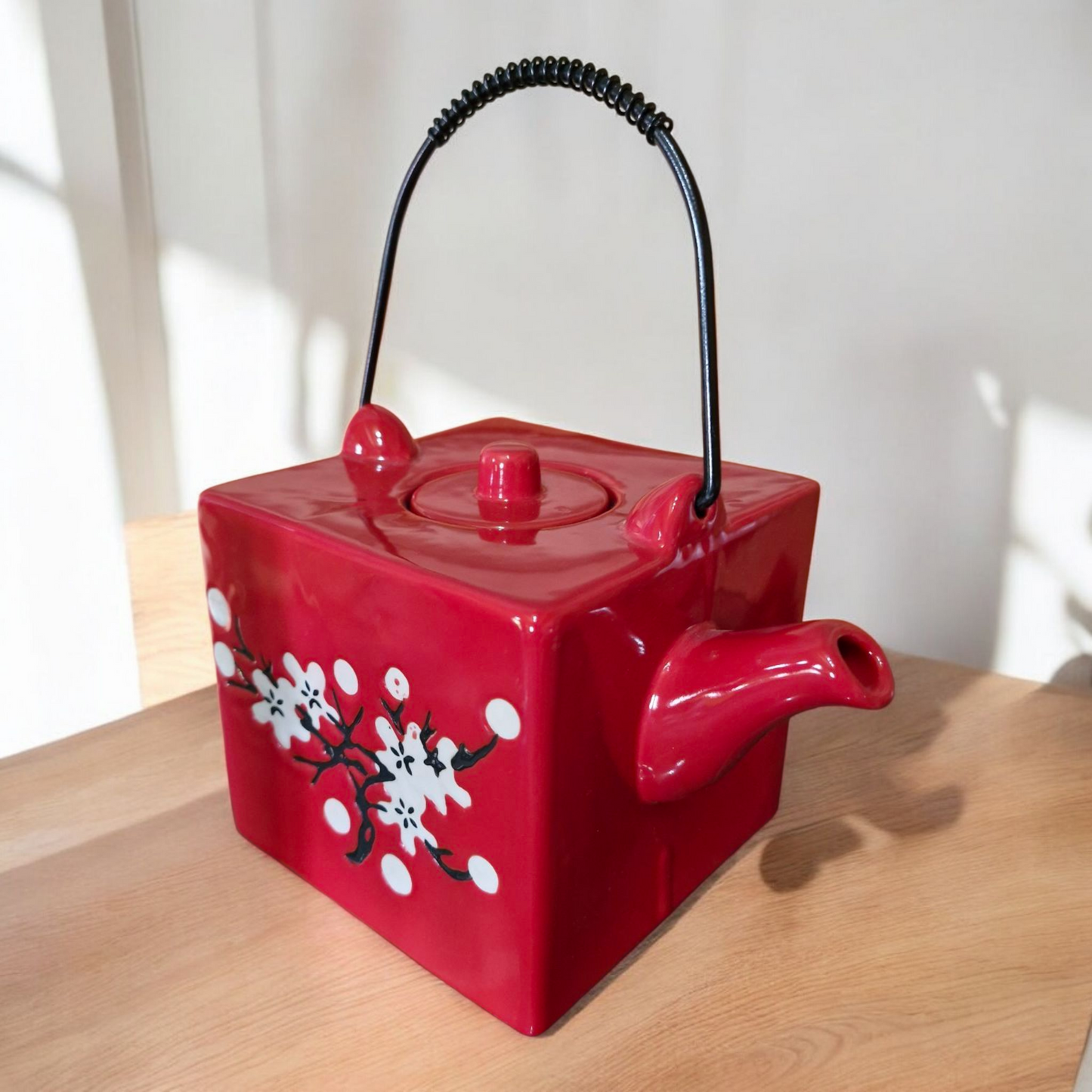 Chinese Square Tea Set - Vibrant Red Blossom Pattern - Four Cups