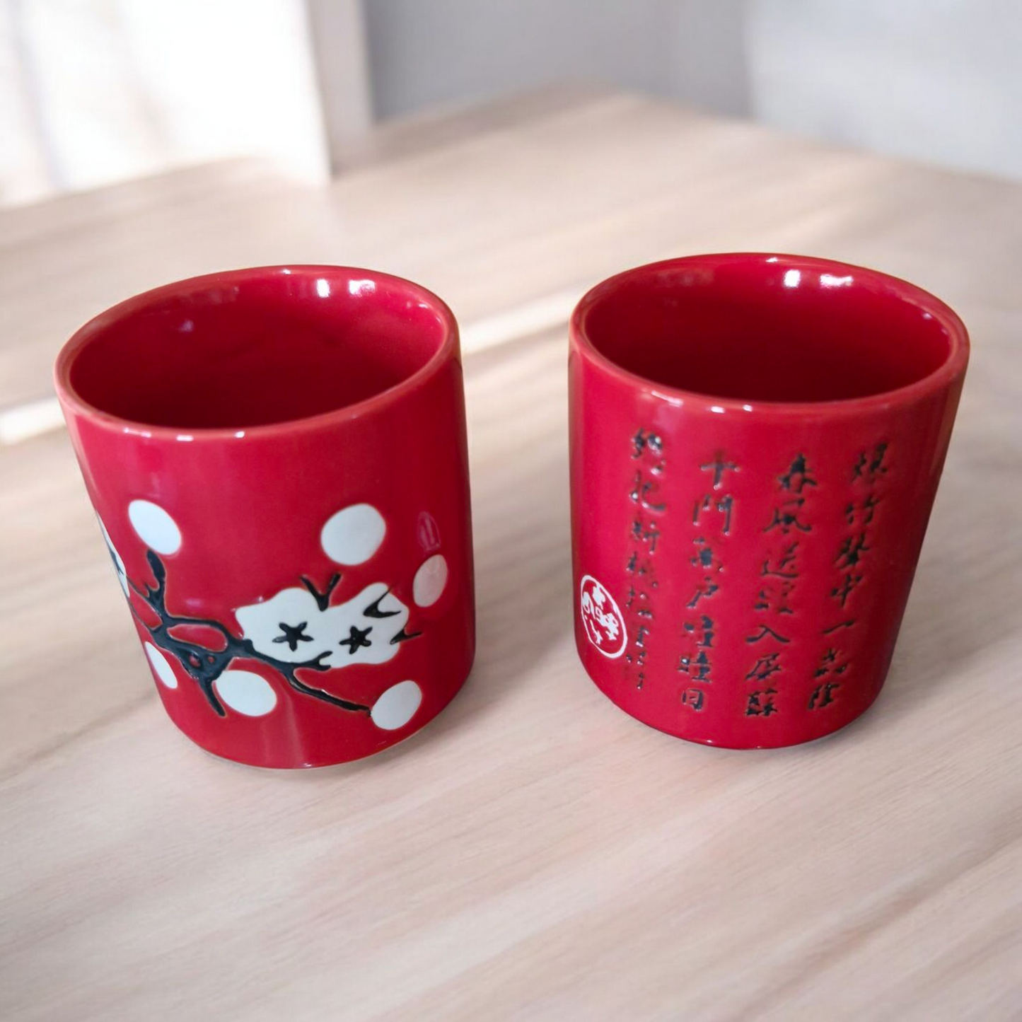 Chinese Square Tea Set - Vibrant Red Blossom Pattern - Four Cups