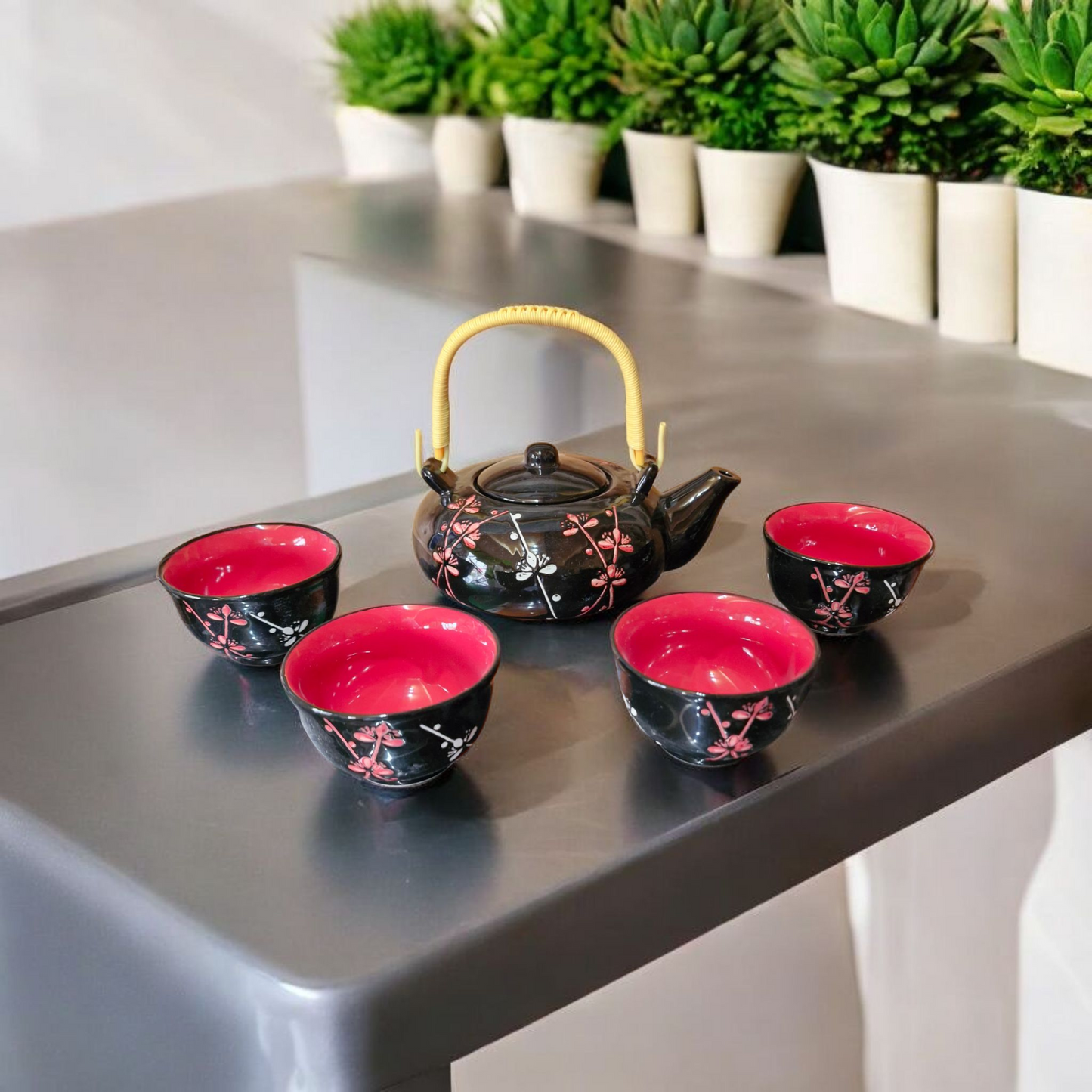 Chinese Tea Set - Black Ceramic - Blossom Sprig Pattern - 600ml