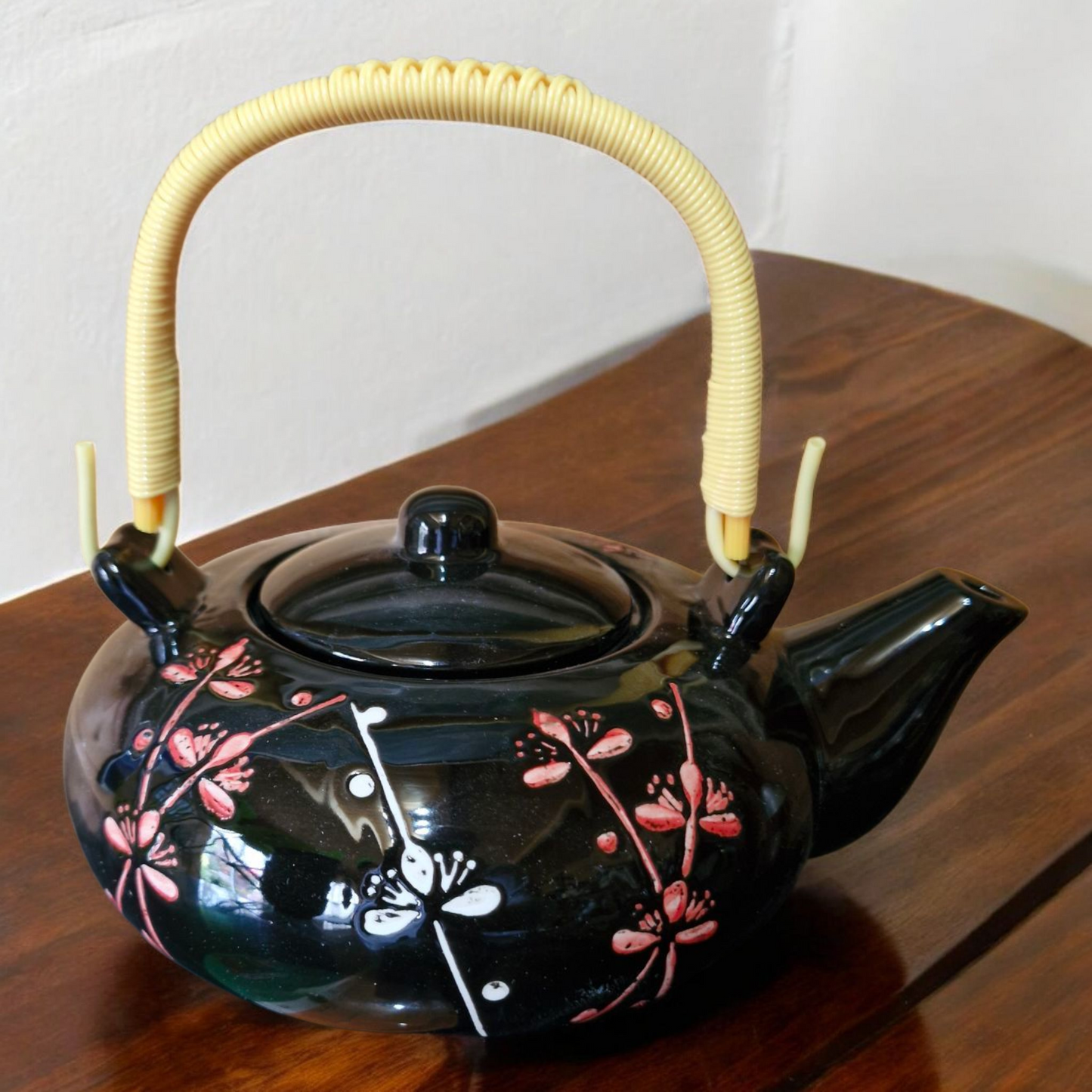 Chinese Tea Set - Black Ceramic - Blossom Sprig Pattern - 600ml