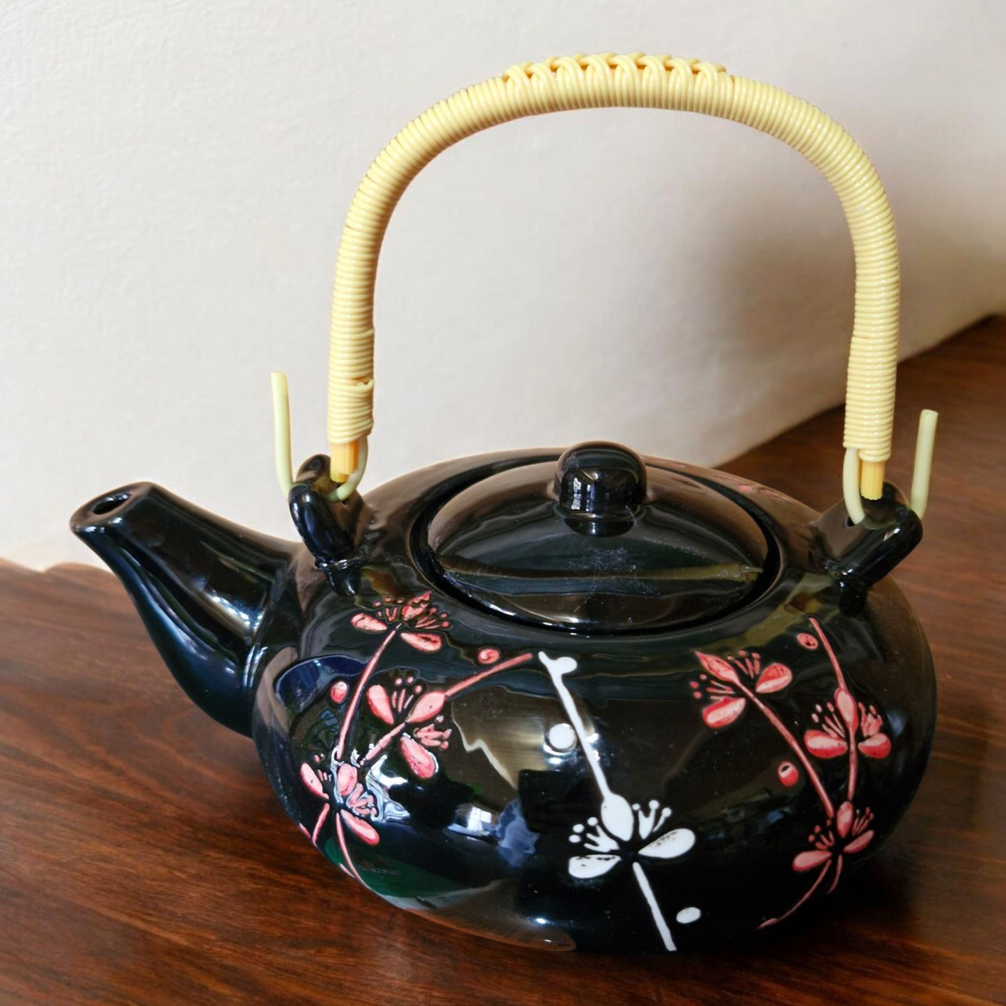 Chinese Tea Set - Black Ceramic - Blossom Sprig Pattern - 600ml