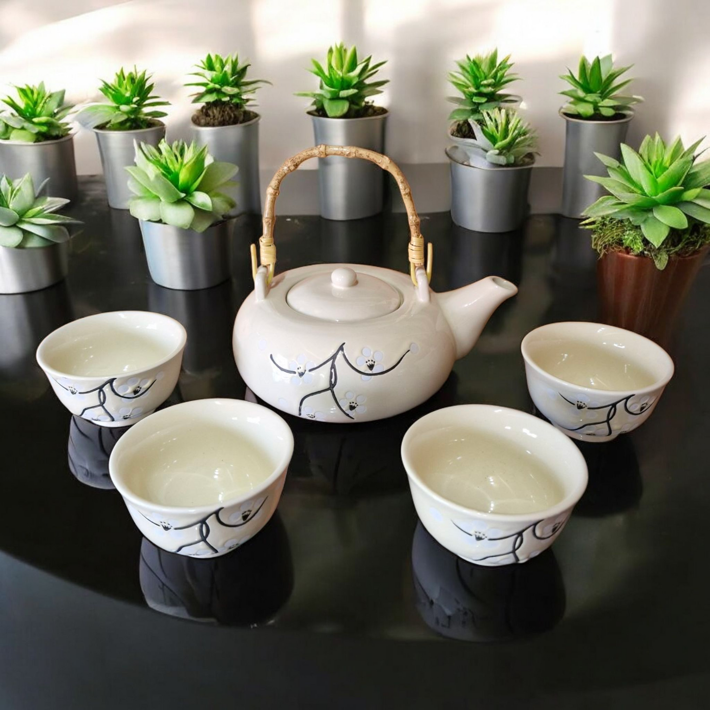 Chinese Tea Set - Cream Ceramic - Blossom and Twig Pattern - Bamboo Handle