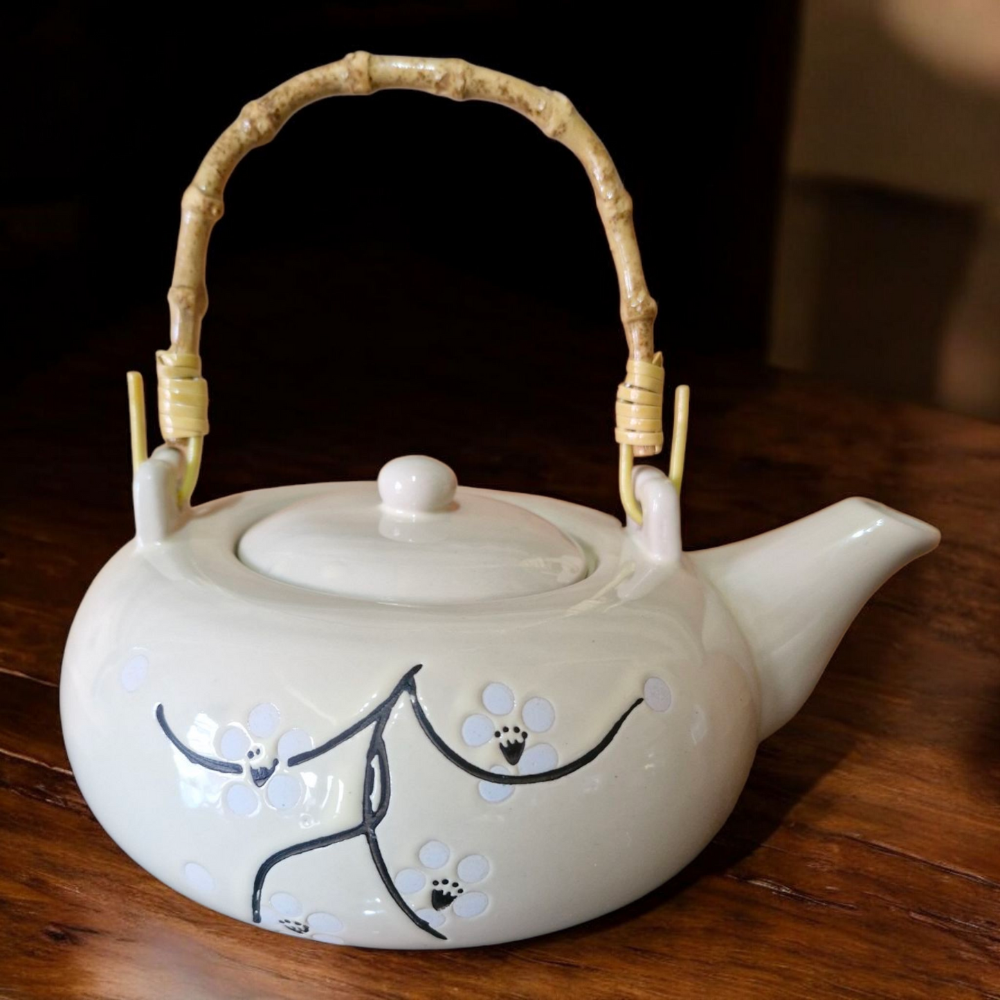 Chinese Tea Set - Cream Ceramic - Blossom and Twig Pattern - Bamboo Handle