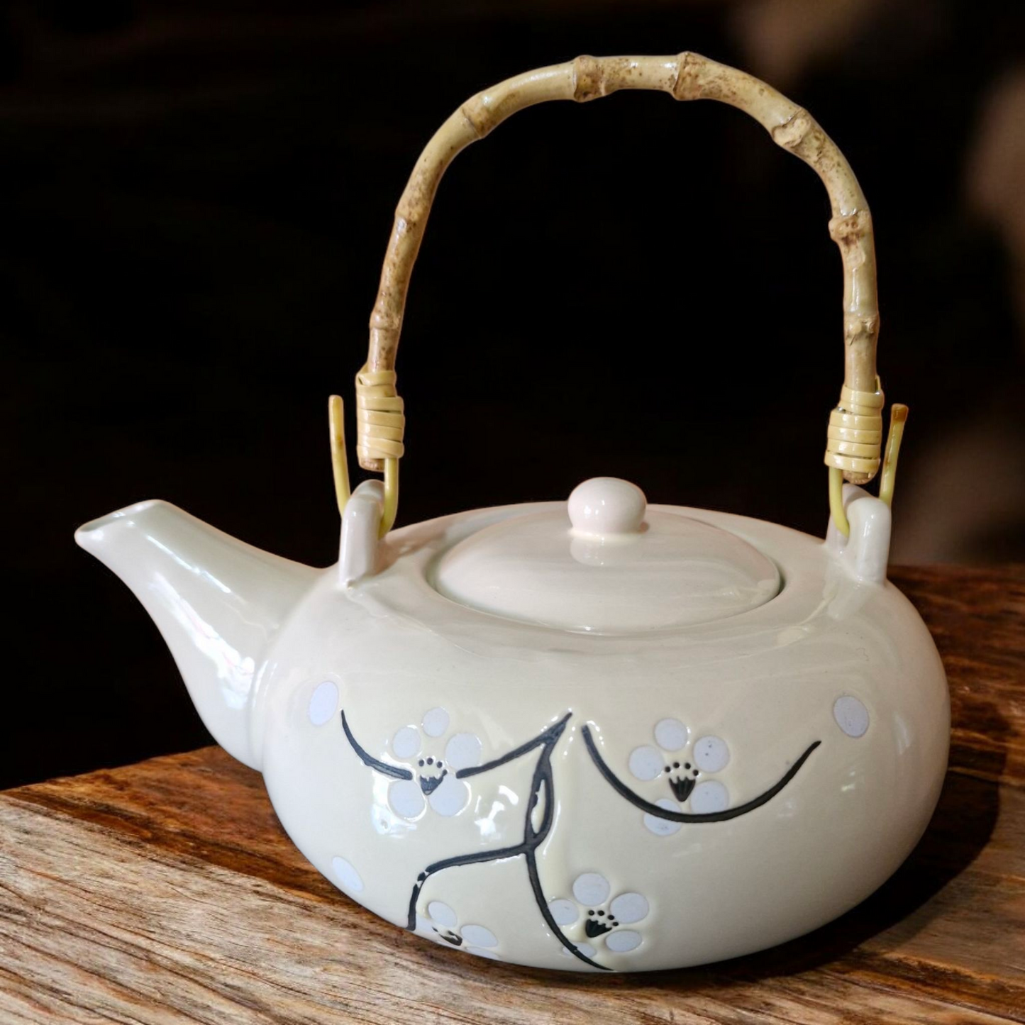 Chinese Tea Set - Cream Ceramic - Blossom and Twig Pattern - Bamboo Handle