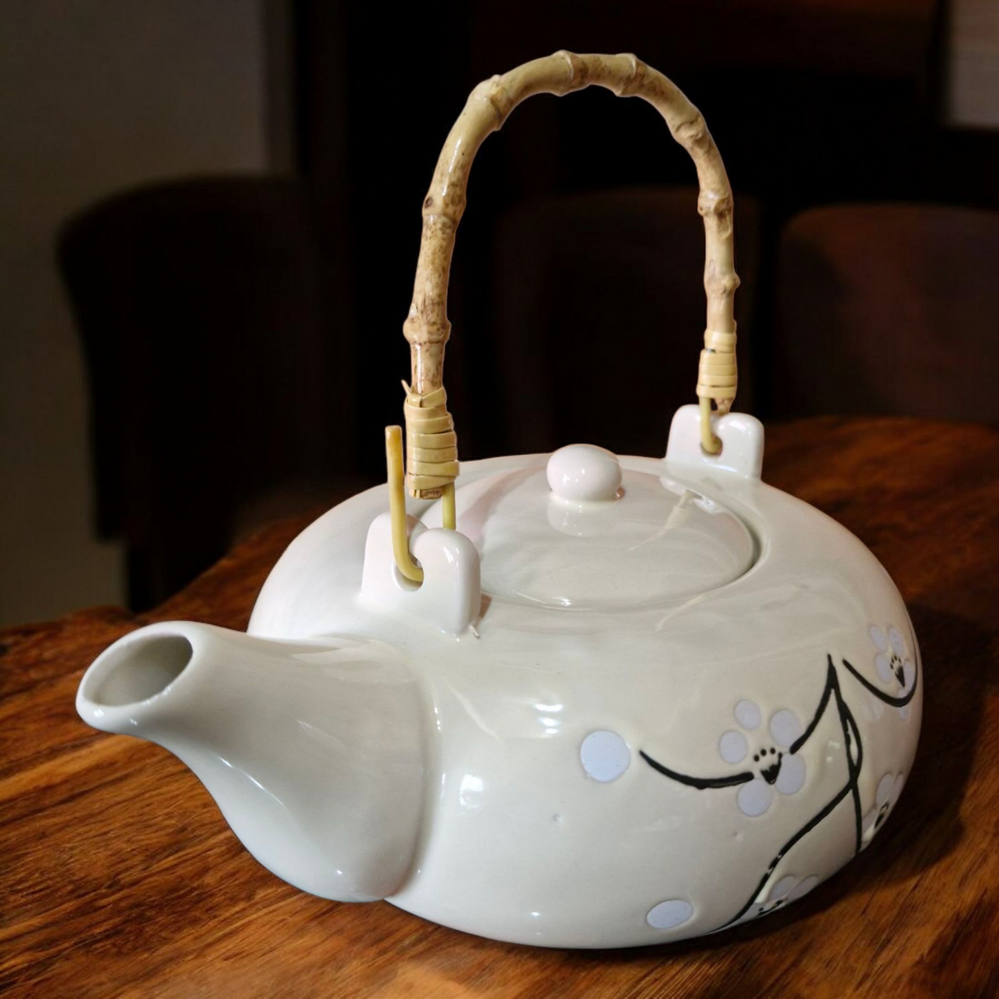 Chinese Tea Set - Cream Ceramic - Blossom and Twig Pattern - Bamboo Handle