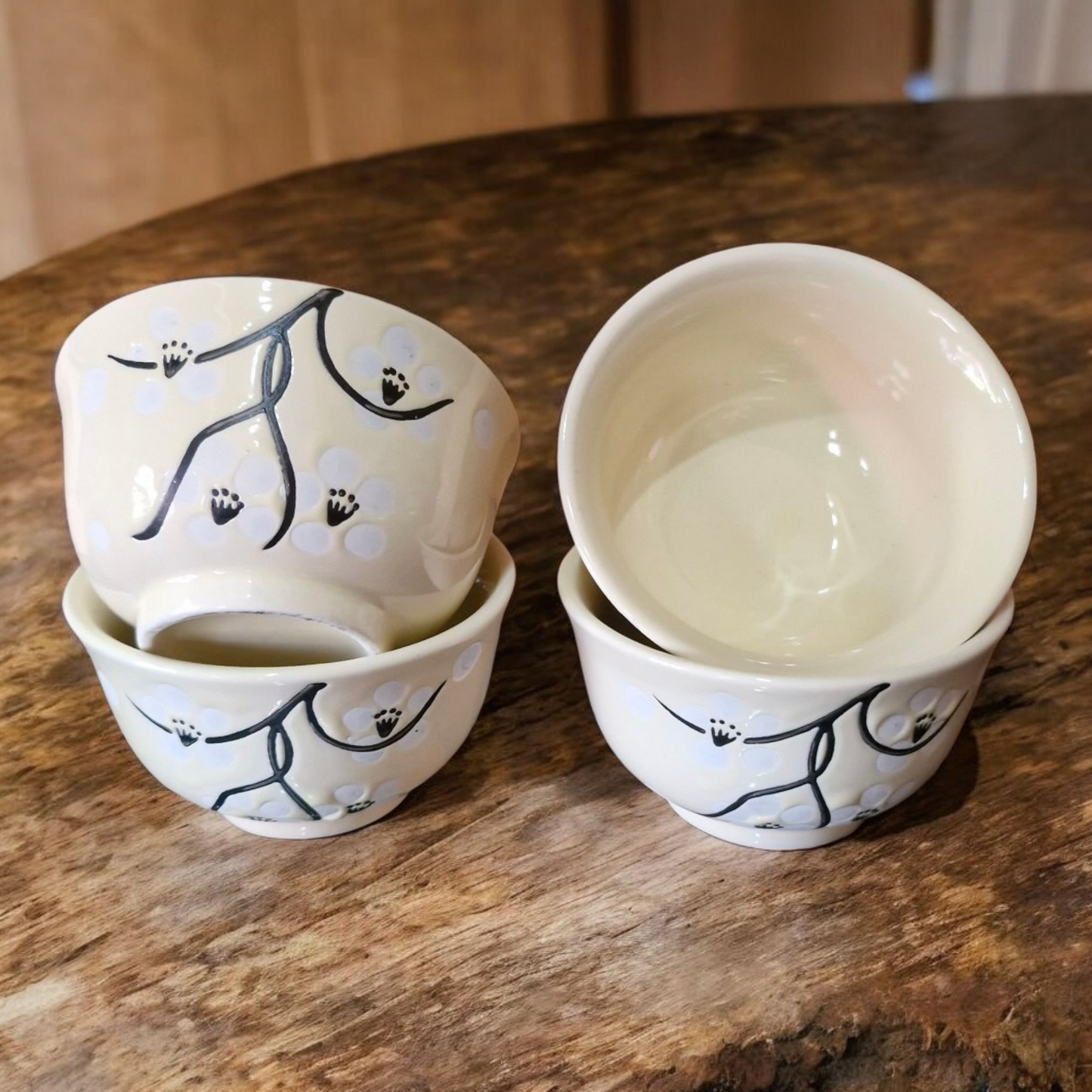 Chinese Tea Set - Cream Ceramic - Blossom and Twig Pattern - Bamboo Handle