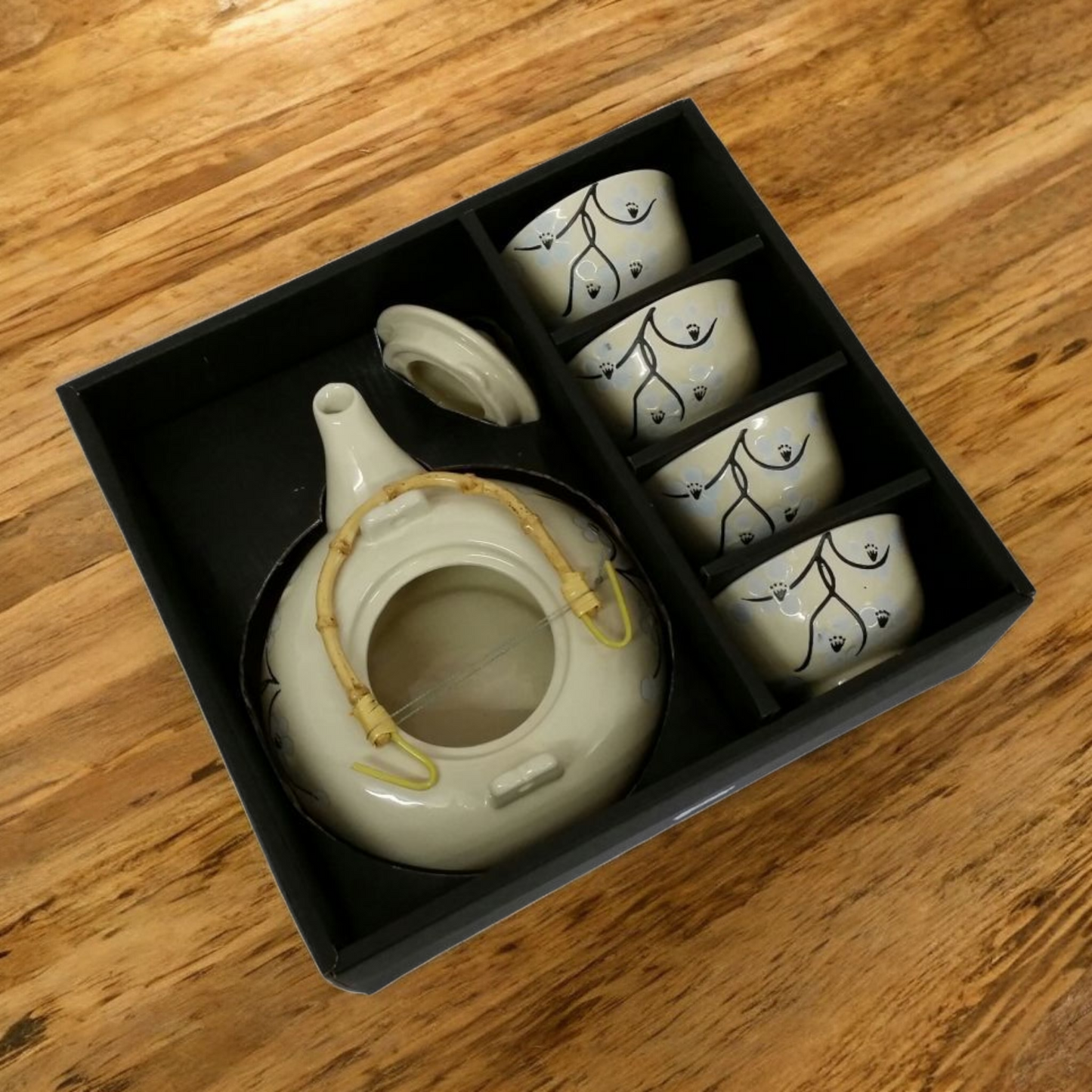 Chinese Tea Set - Cream Ceramic - Blossom and Twig Pattern - Bamboo Handle