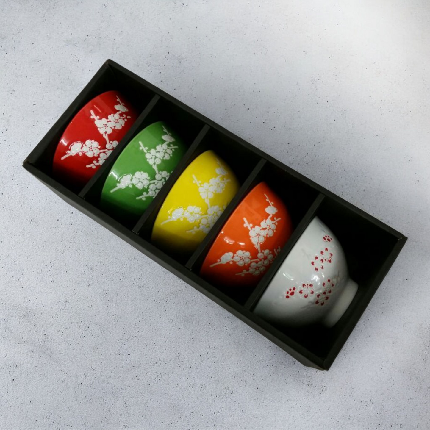 Chinese Rice Bowls - Multicolour - White Blossom Textured Pattern - Set of 5