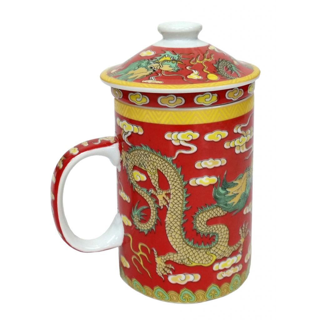 Porcelain Chinese Tea Mug with Infuser and Lid - Red Dragon Pattern