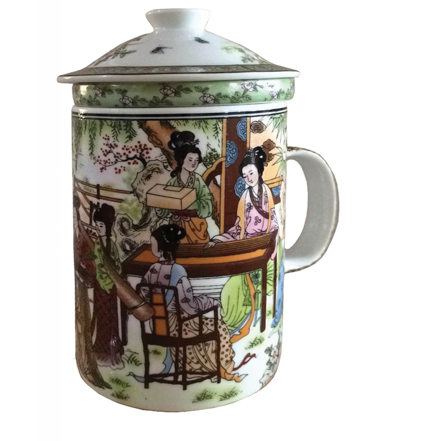 Porcelain Chinese Tea Mug with Infuser and Lid - Garden Ladies Pattern