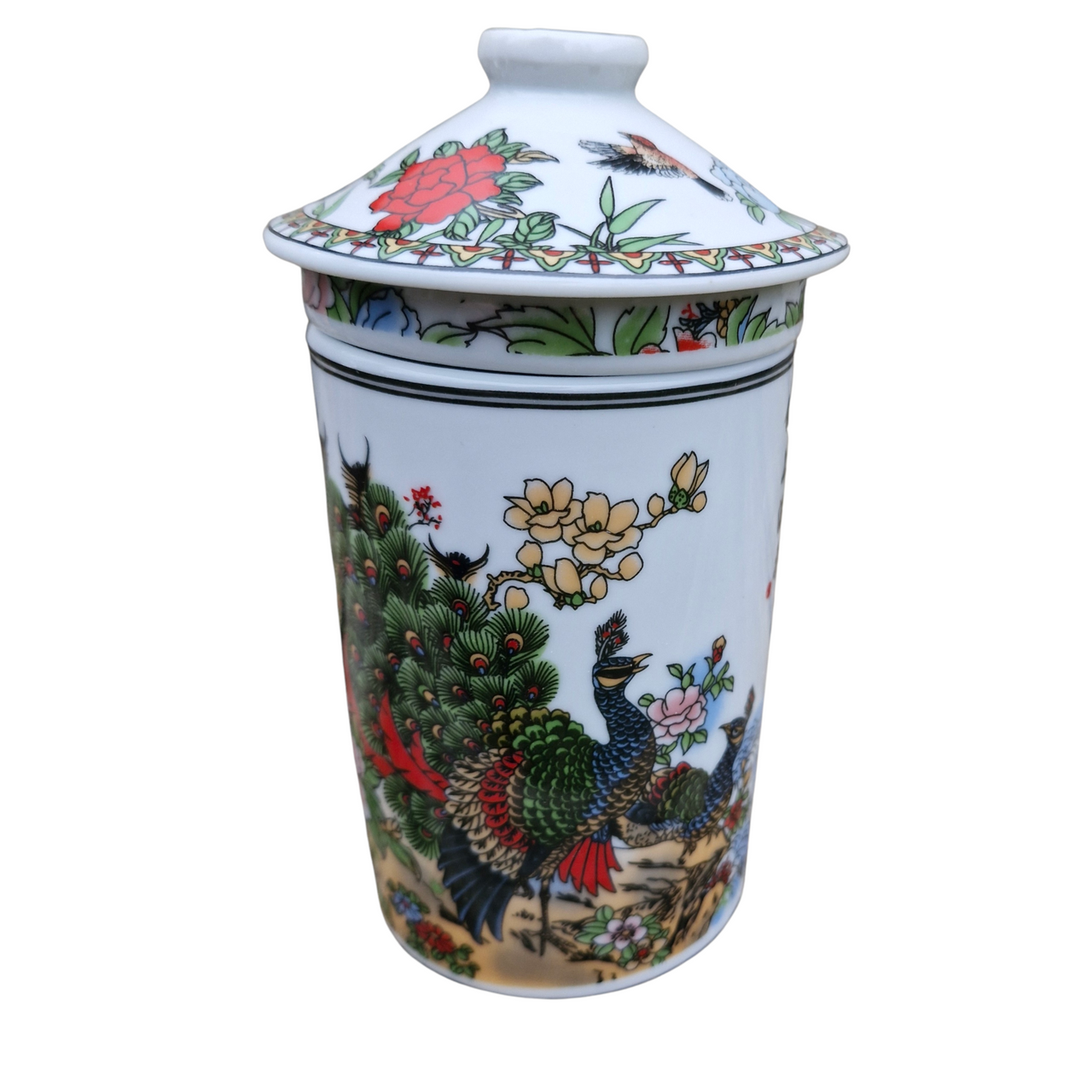 Porcelain Chinese Tea Mug with Infuser and Lid - Peacocks Pattern #2