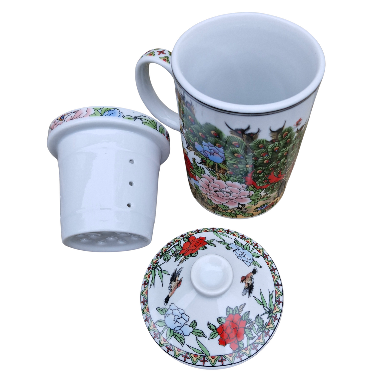Porcelain Chinese Tea Mug with Infuser and Lid - Peacocks Pattern #2