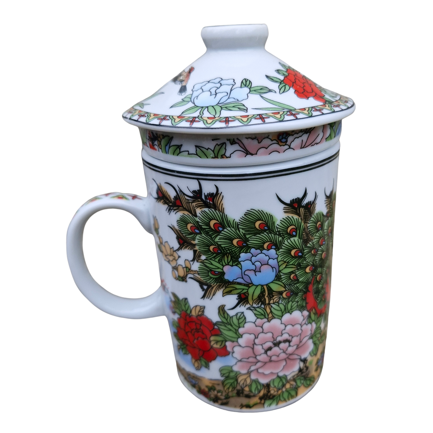 Porcelain Chinese Tea Mug with Infuser and Lid - Peacocks Pattern #2