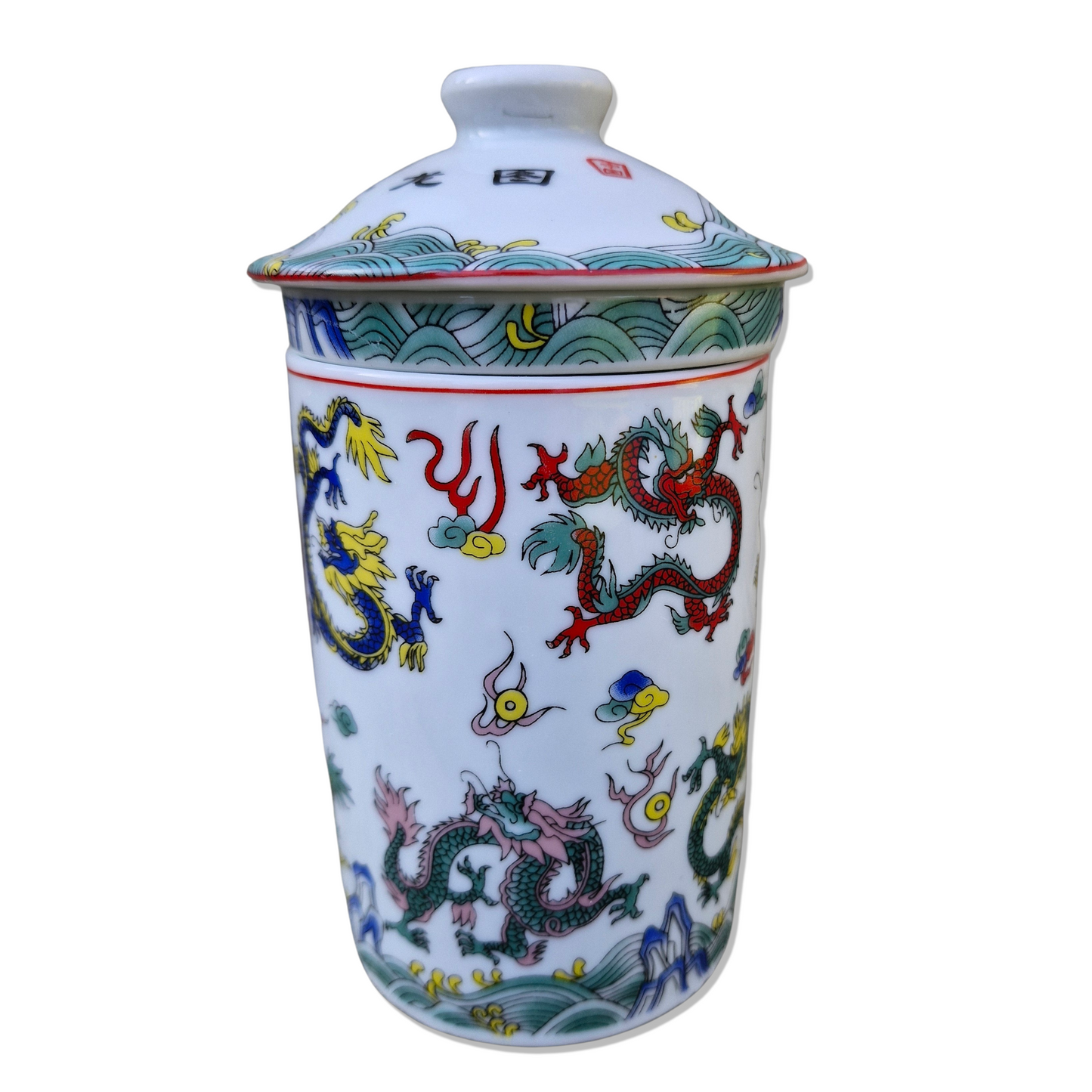 Porcelain Chinese Tea Mug with Infuser and Lid - Eight Dragons Pattern