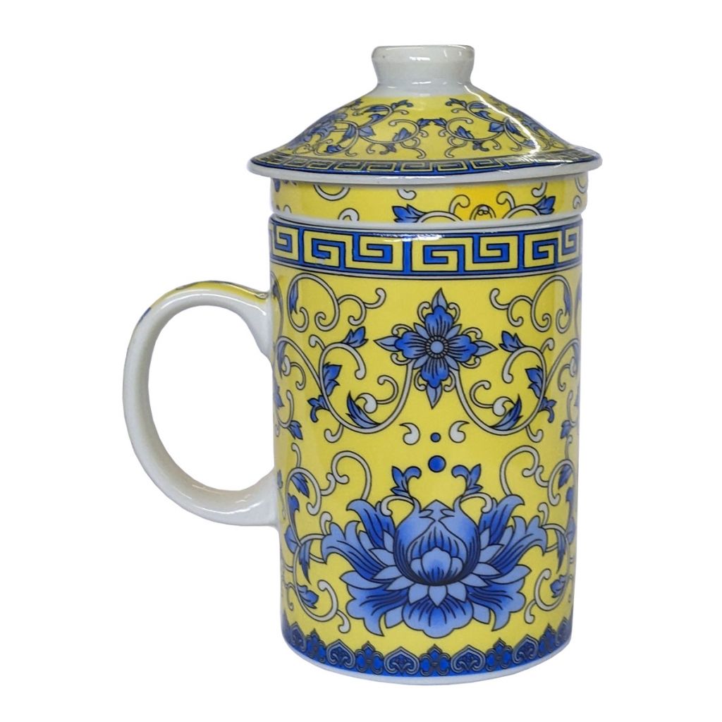 Porcelain Chinese Tea Mug with Infuser and Lid - Golden Floral Pattern