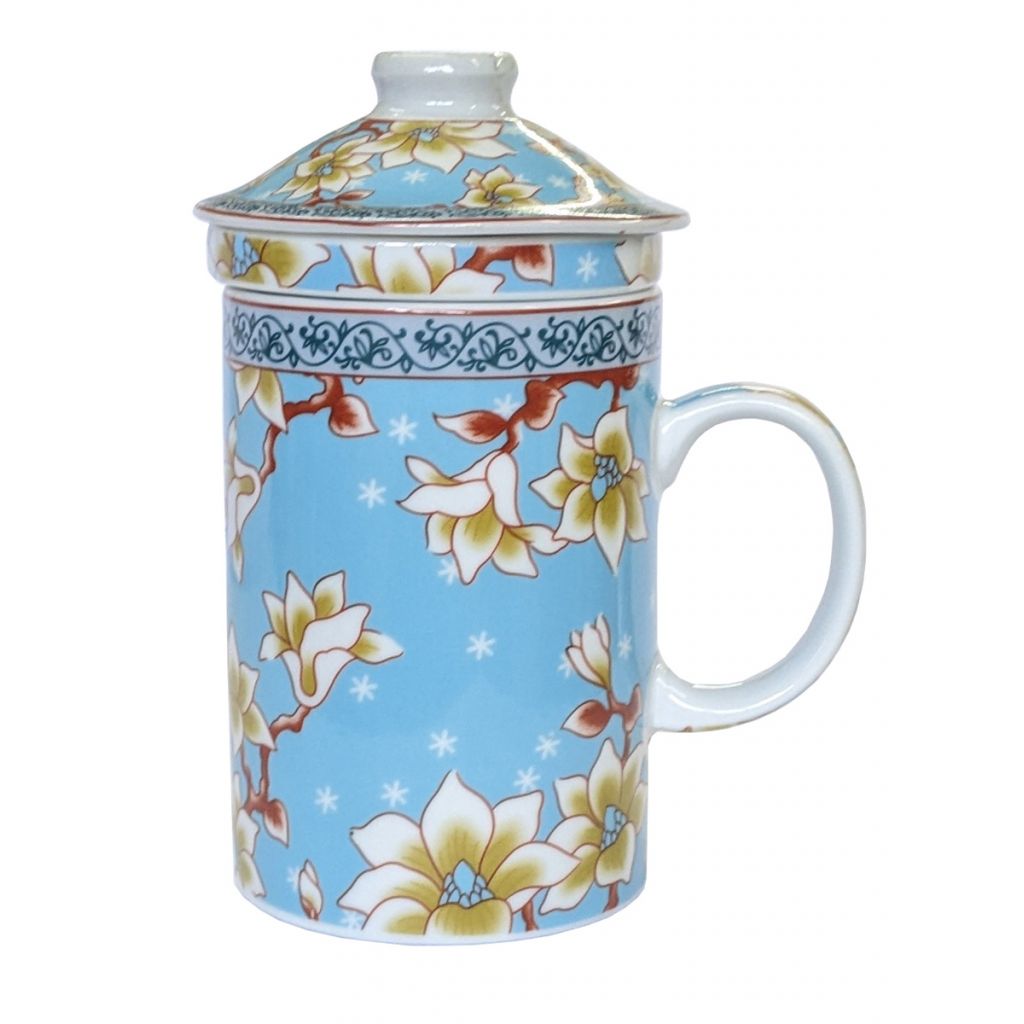 Porcelain Chinese Tea Mug with Infuser and Lid - Starlight Magnolia Pattern