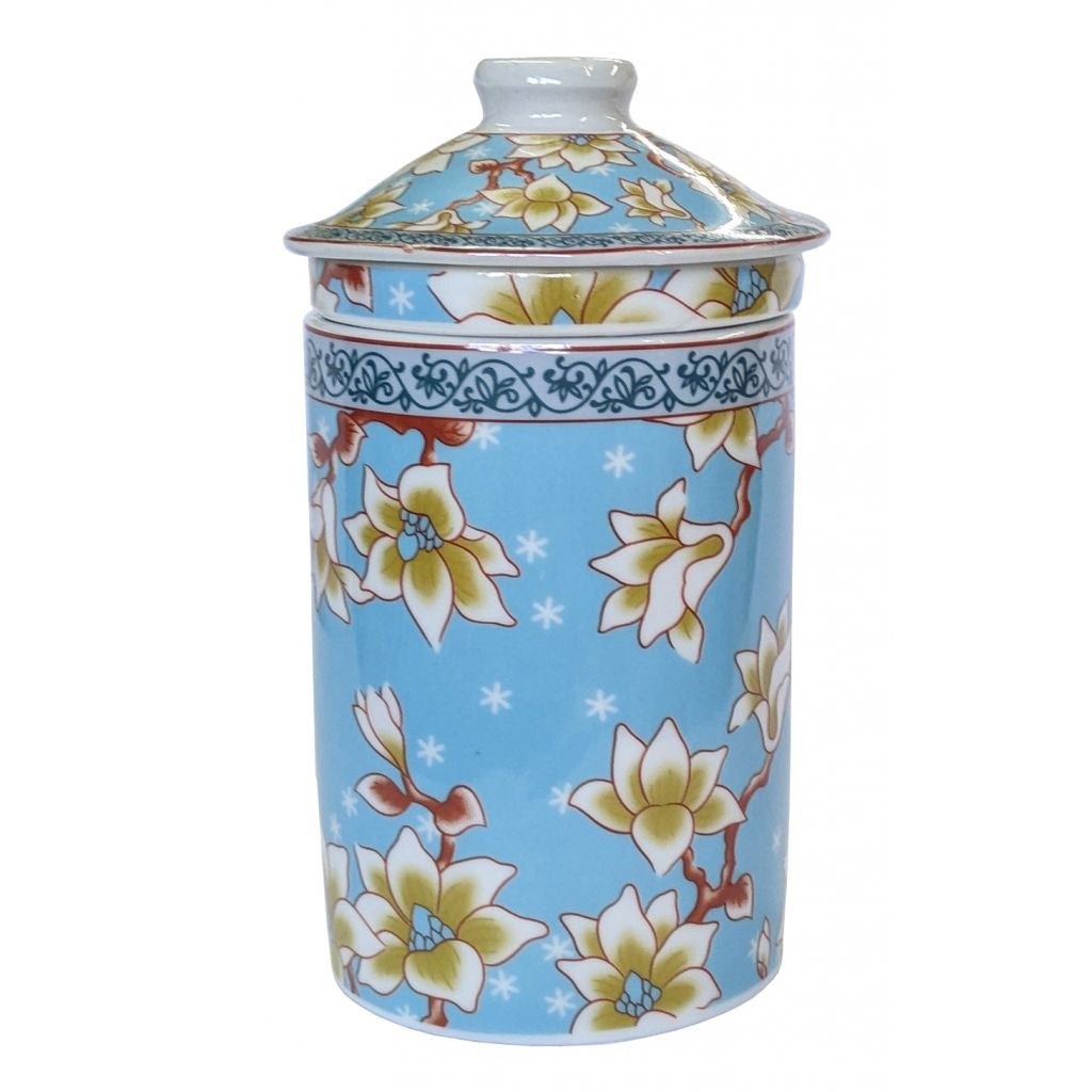 Porcelain Chinese Tea Mug with Infuser and Lid - Starlight Magnolia Pattern