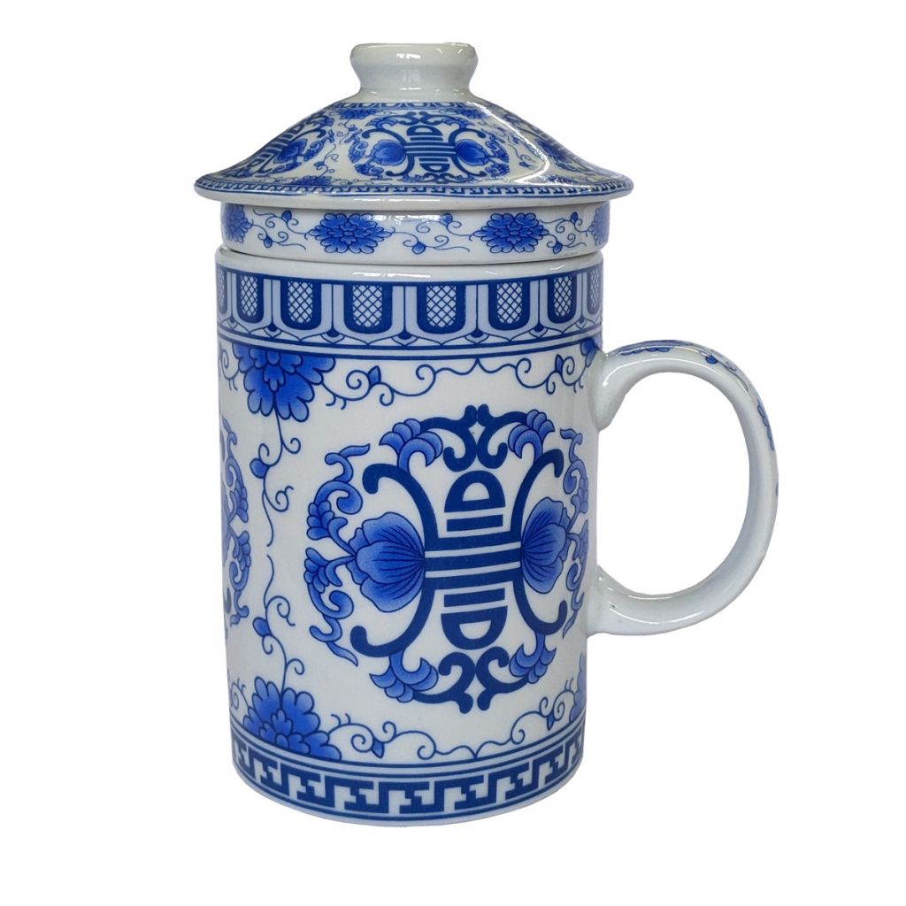 Porcelain Chinese Tea Mug with Infuser and Lid - Floral Longevity Pattern
