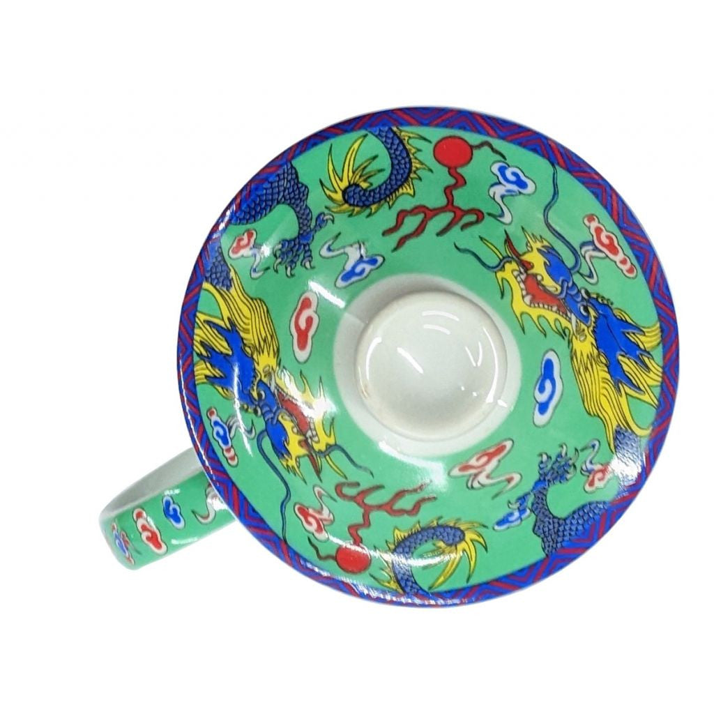 Porcelain Chinese Tea Mug with Infuser and Lid - Green Dragon Pattern