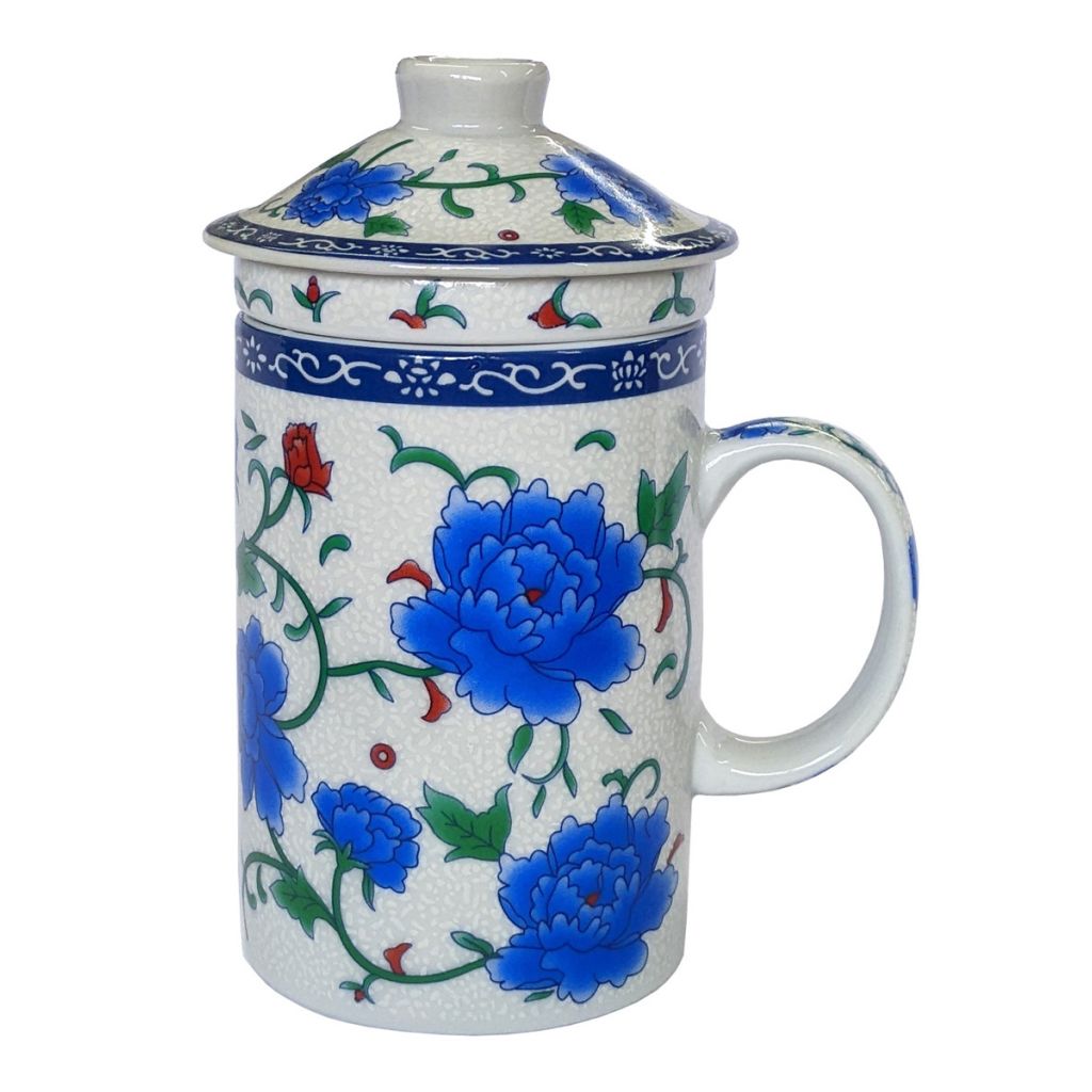 Porcelain Chinese Tea Mug with Infuser and Lid - Blue Peony Pattern