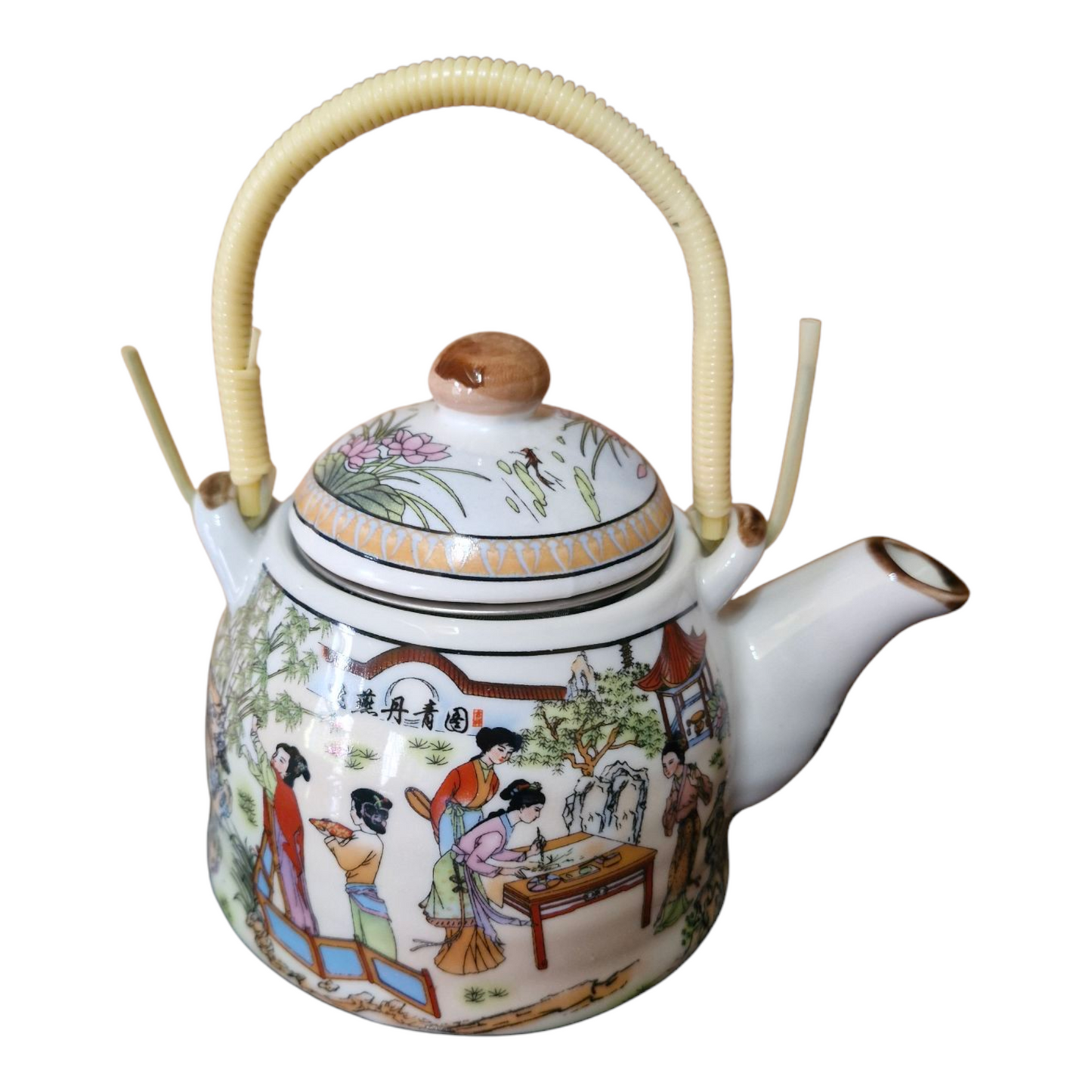 Chinese Tea Set - White Ceramic Palace Garden Pattern - 6 Small Cups - Gift Box