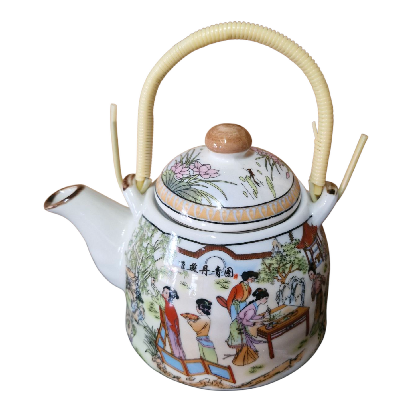 Chinese Tea Set - White Ceramic Palace Garden Pattern - 6 Small Cups - Gift Box