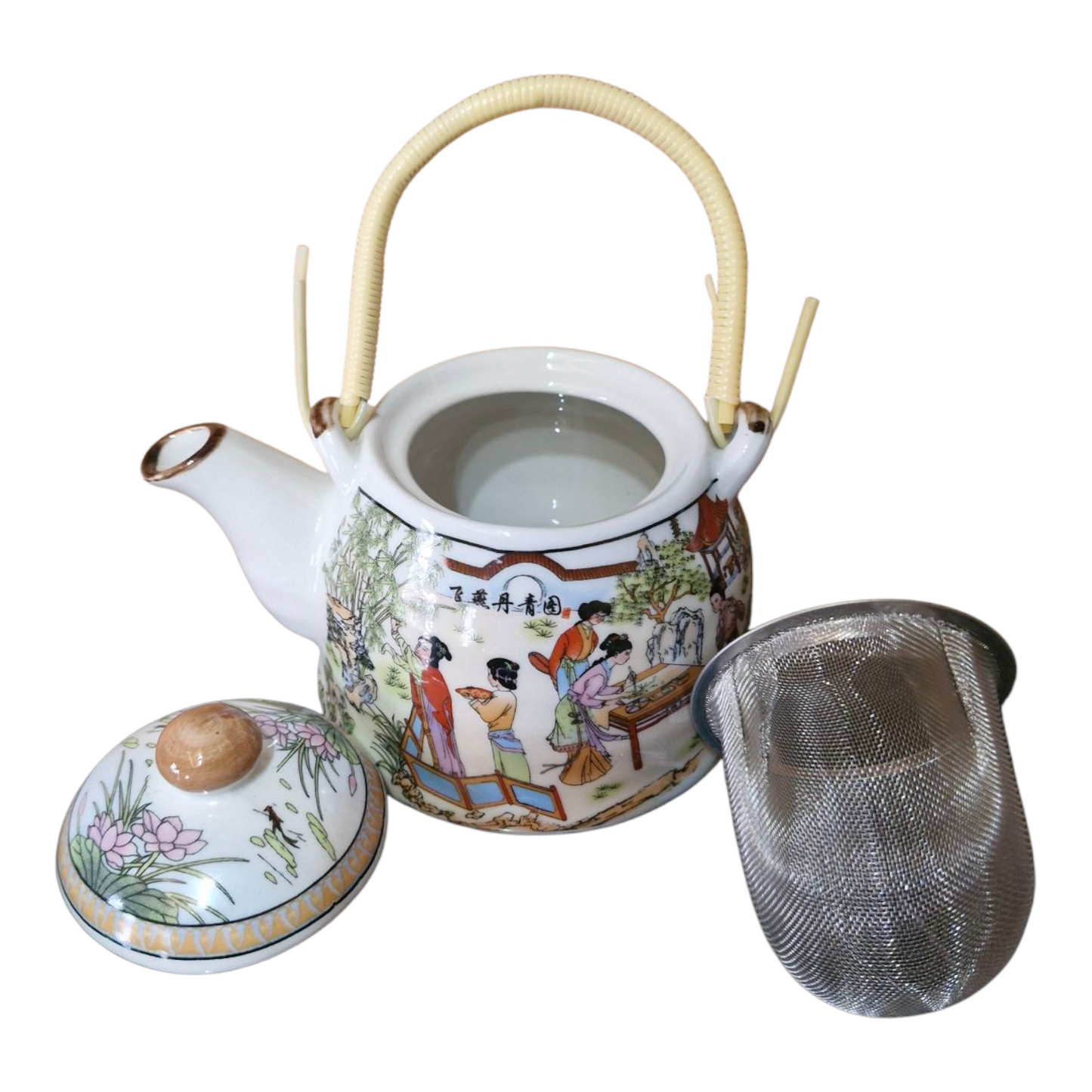 Chinese Tea Set - White Ceramic Palace Garden Pattern - 6 Small Cups - Gift Box