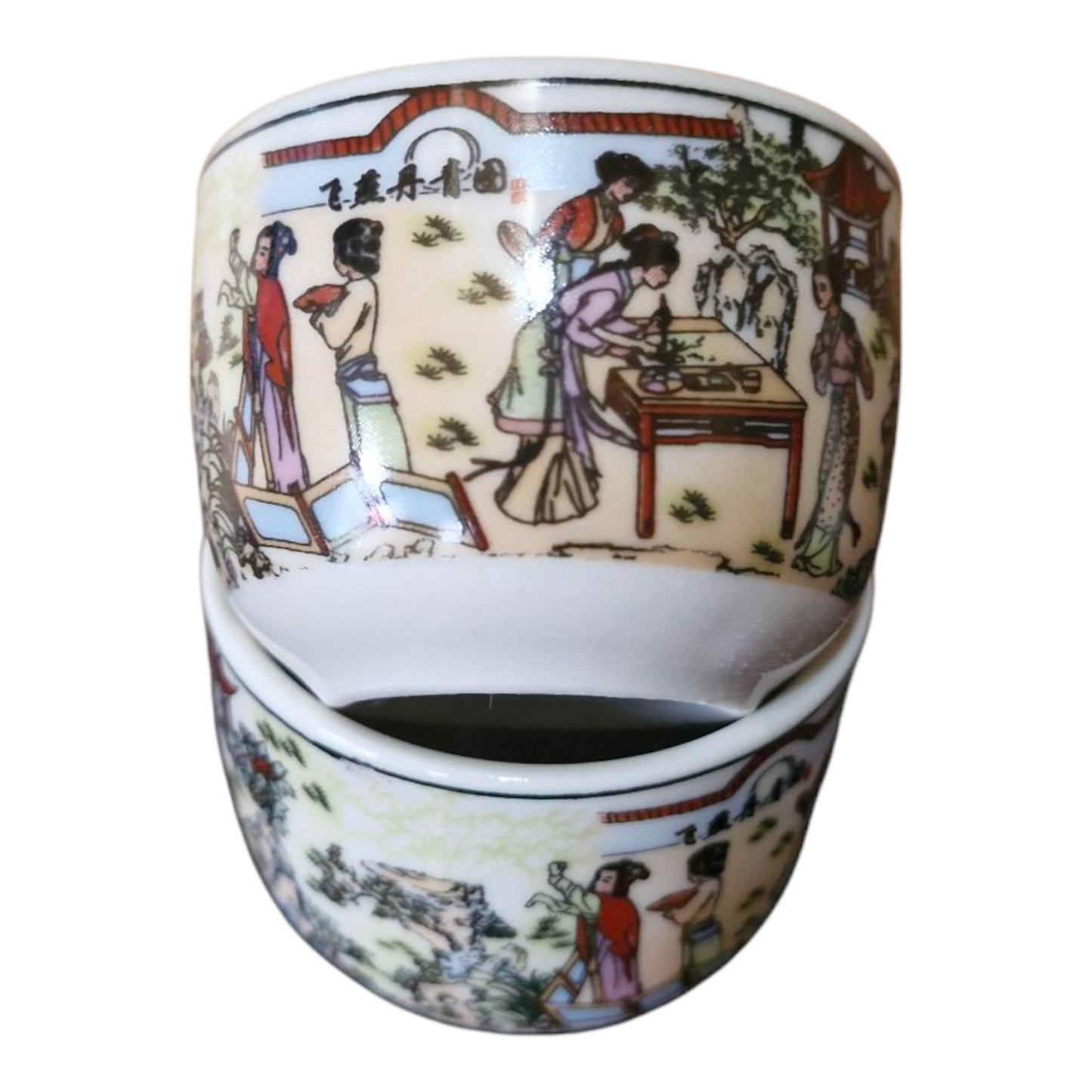 Chinese Tea Set - White Ceramic Palace Garden Pattern - 6 Small Cups - Gift Box