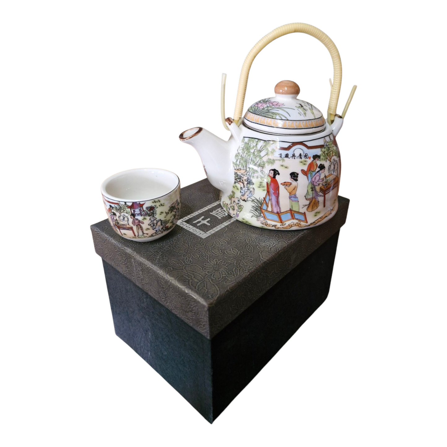 Chinese Tea Set - White Ceramic Palace Garden Pattern - 6 Small Cups - Gift Box