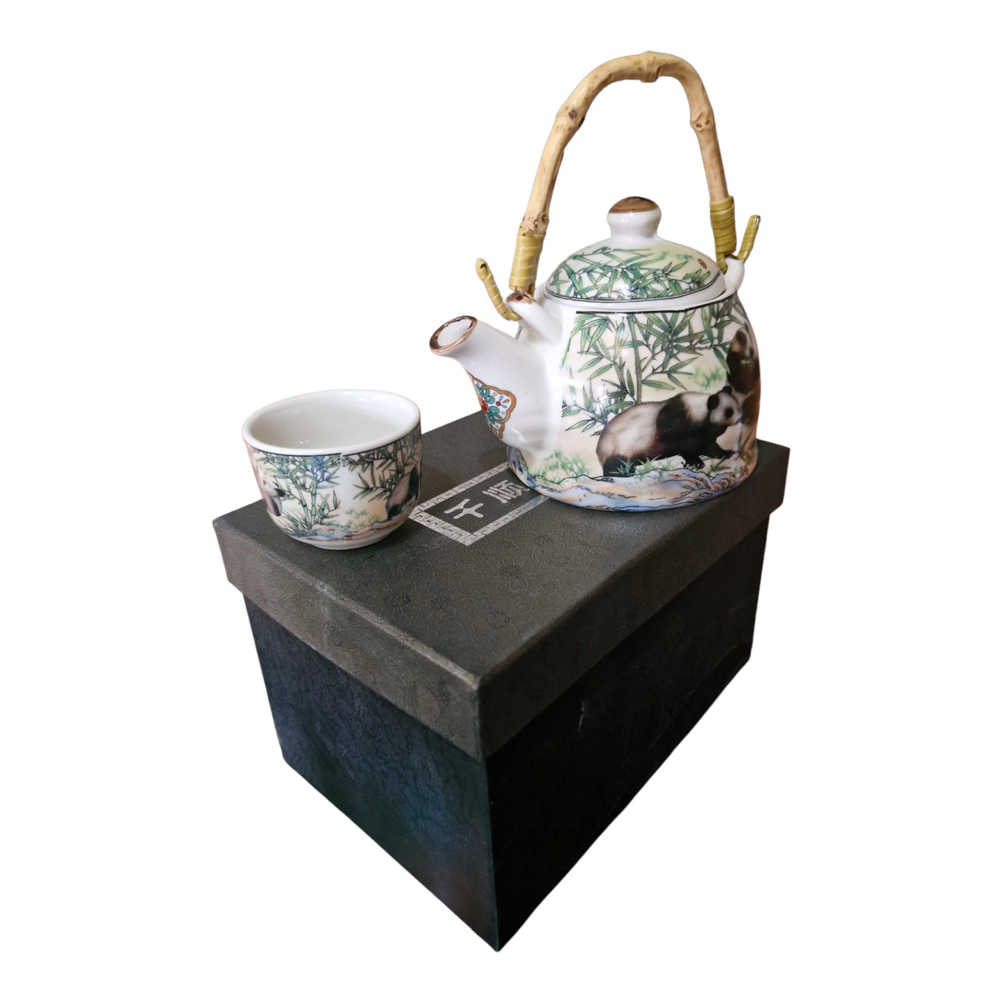 Chinese Tea Set - White Ceramic Giant Panda Pattern - 6 Small Cups - Gift Box