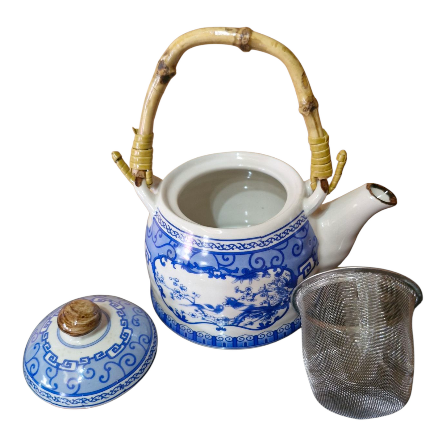 Chinese Tea Set - Blue and White - Birds and Blossom Pattern - 6 Small Cups - Gift Box