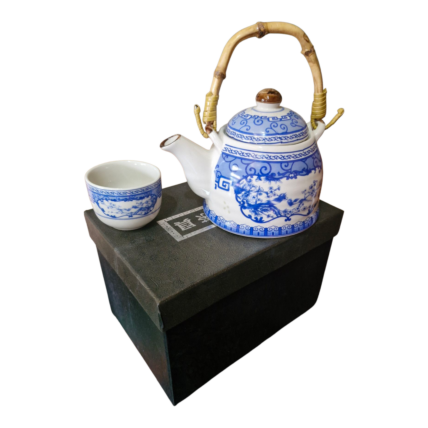 Chinese Tea Set - Blue and White - Birds and Blossom Pattern - 6 Small Cups - Gift Box