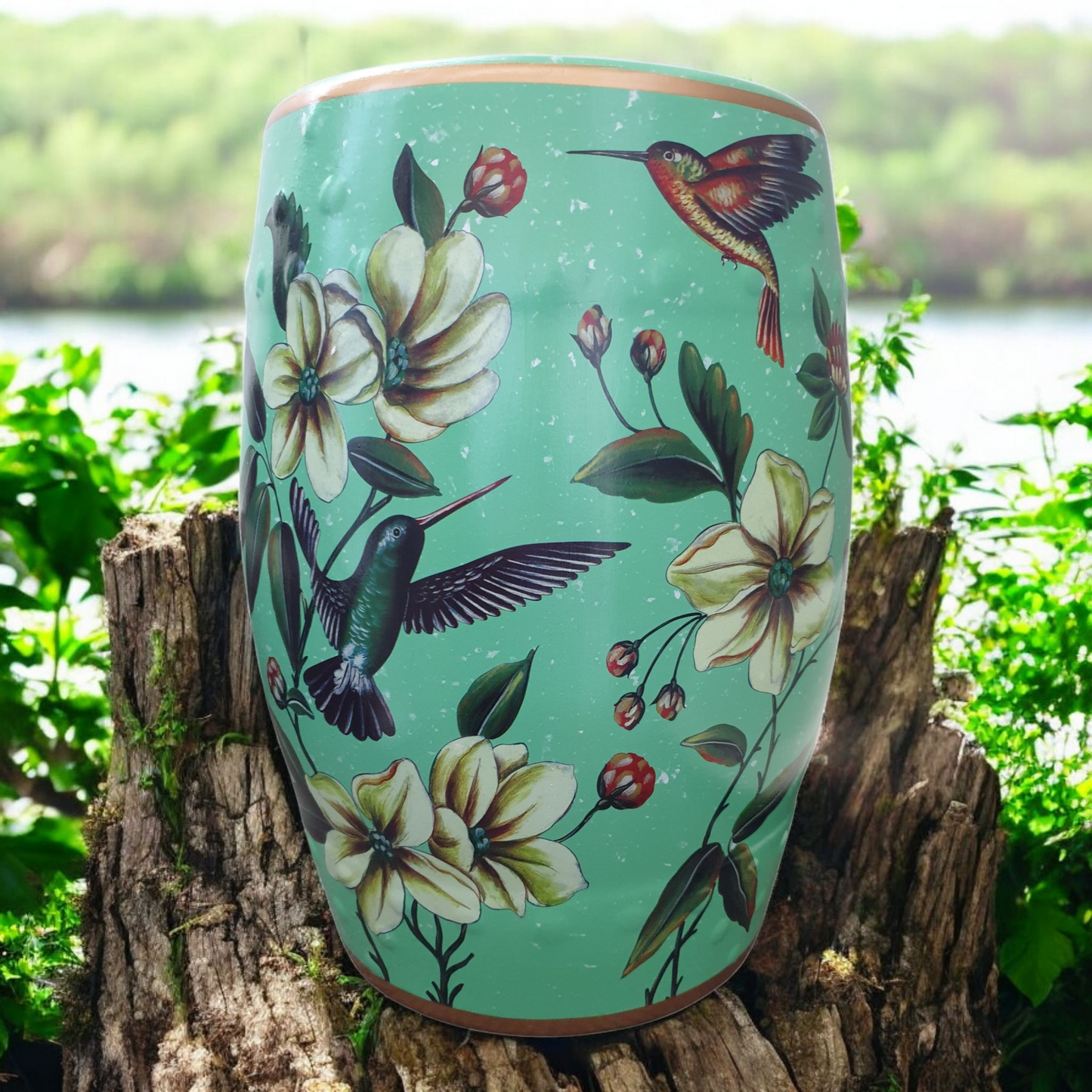 Chinese Ceramic Stool / Plant Stand - Humming Birds and Flowers Pattern