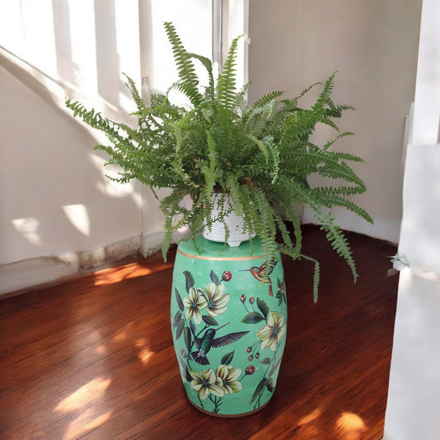 Chinese Ceramic Stool / Plant Stand - Humming Birds and Flowers Pattern