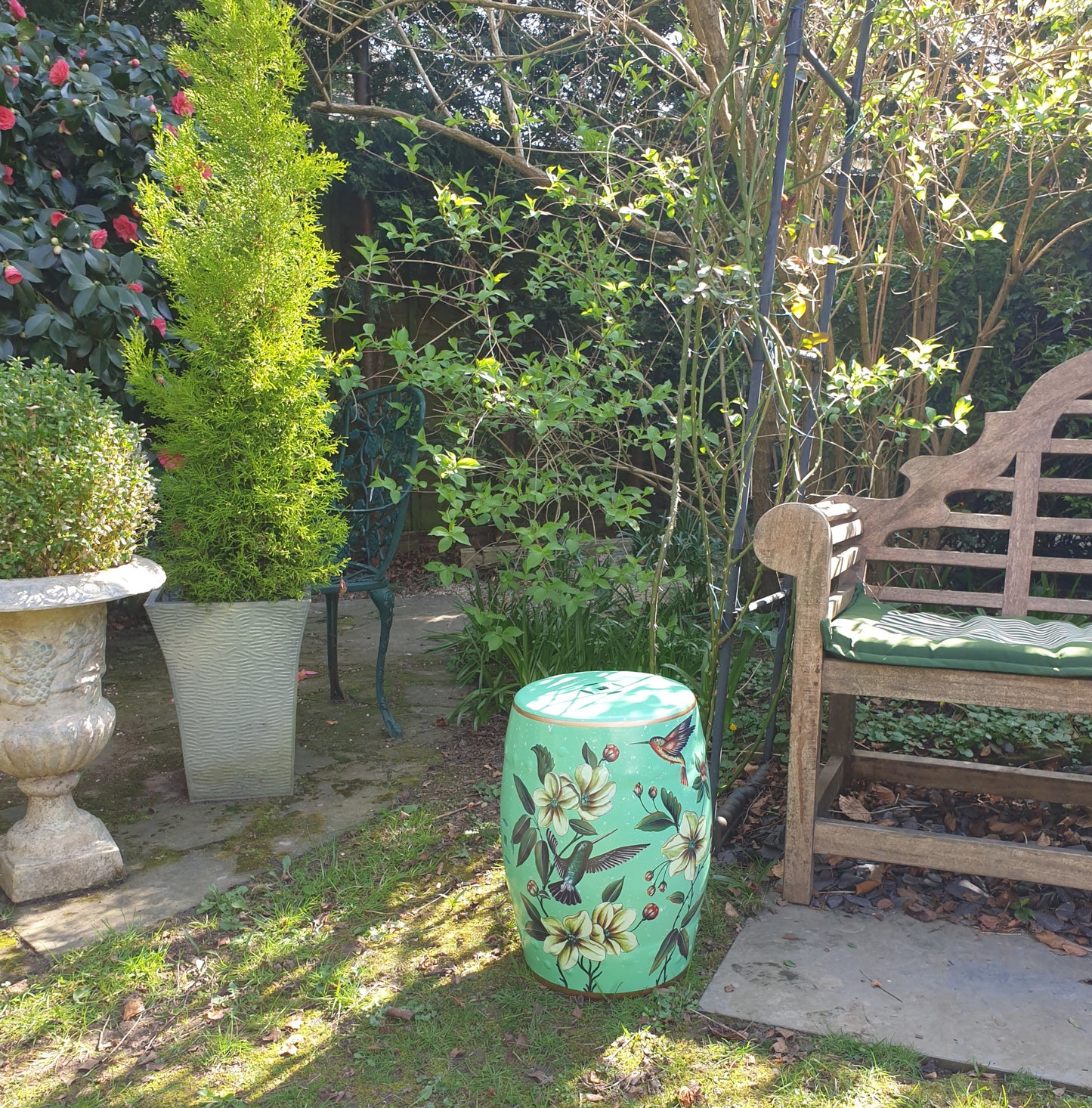Chinese Ceramic Stool / Plant Stand - Humming Birds and Flowers Pattern