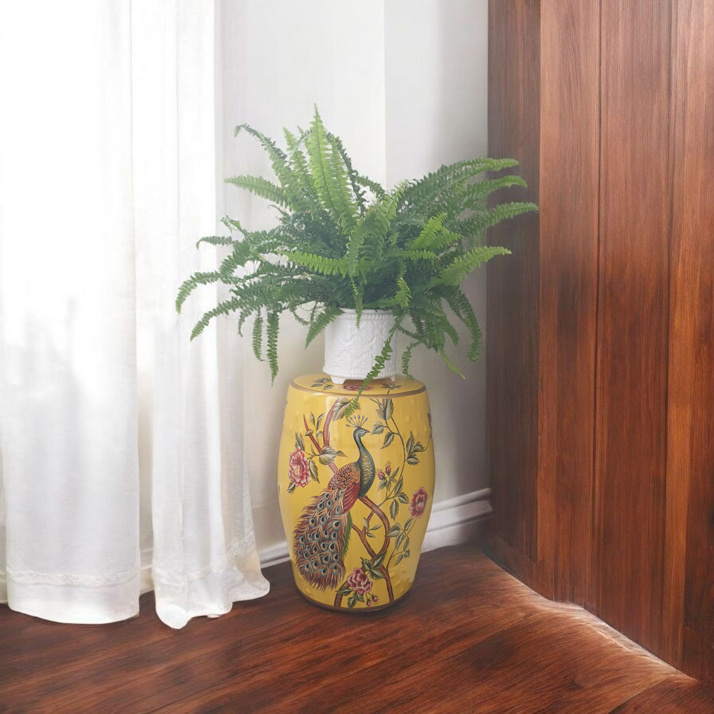 Chinese Ceramic Garden Stool / Plant Stand - Peacocks and Peonies Pattern