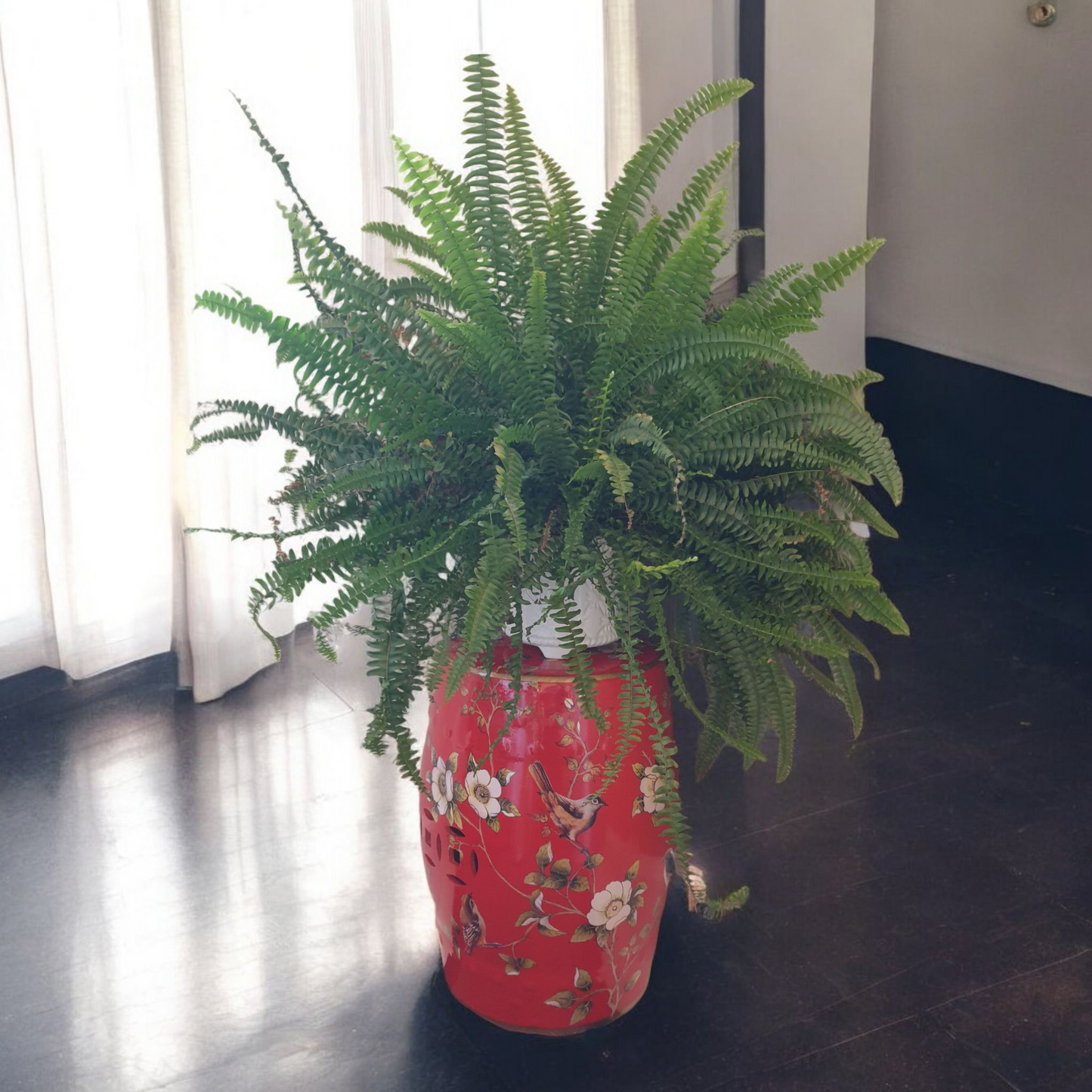 Chinese Garden Ceramic Stool / Plant Stand - Chaffinches and Flowers Pattern