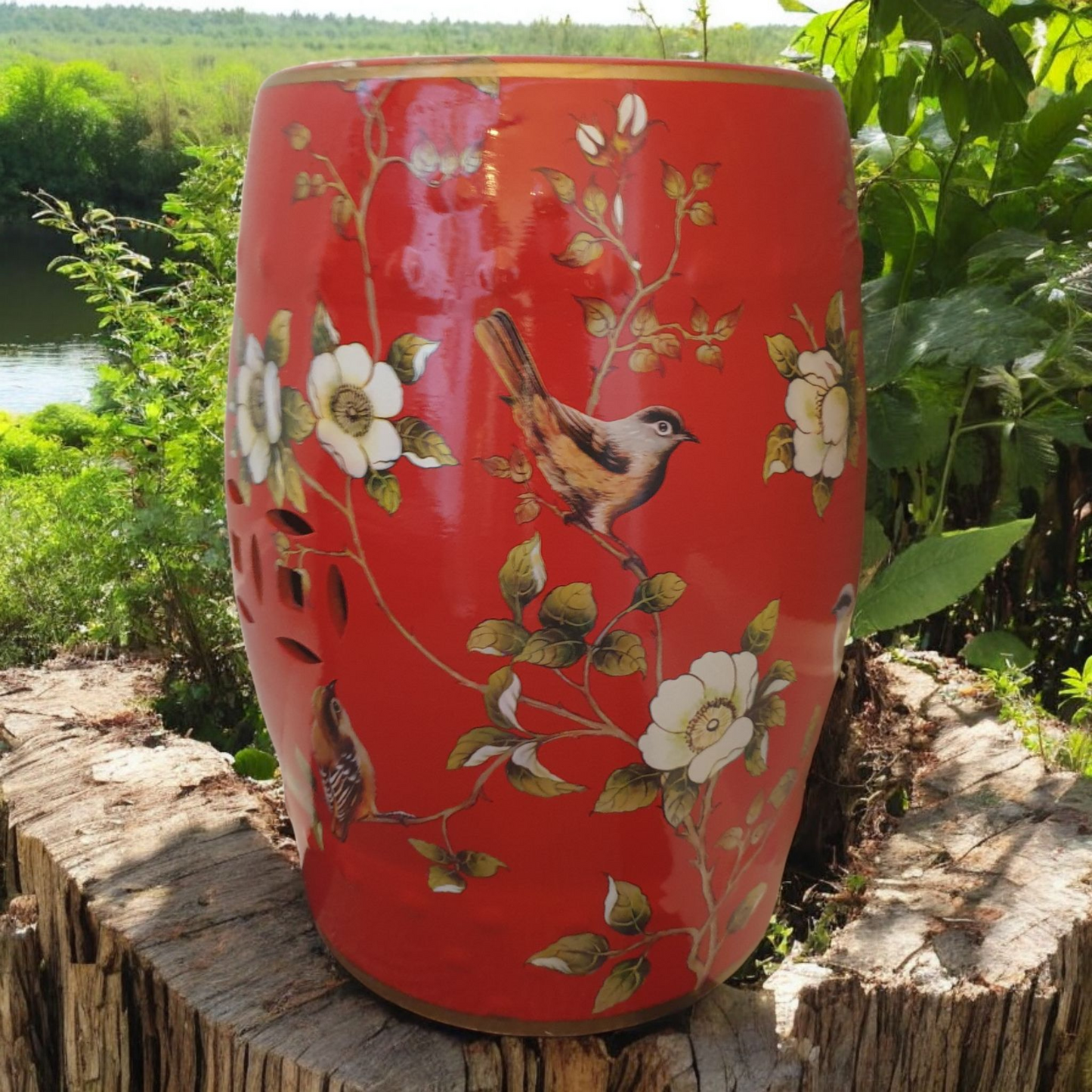 Chinese Garden Ceramic Stool / Plant Stand - Chaffinches and Flowers Pattern