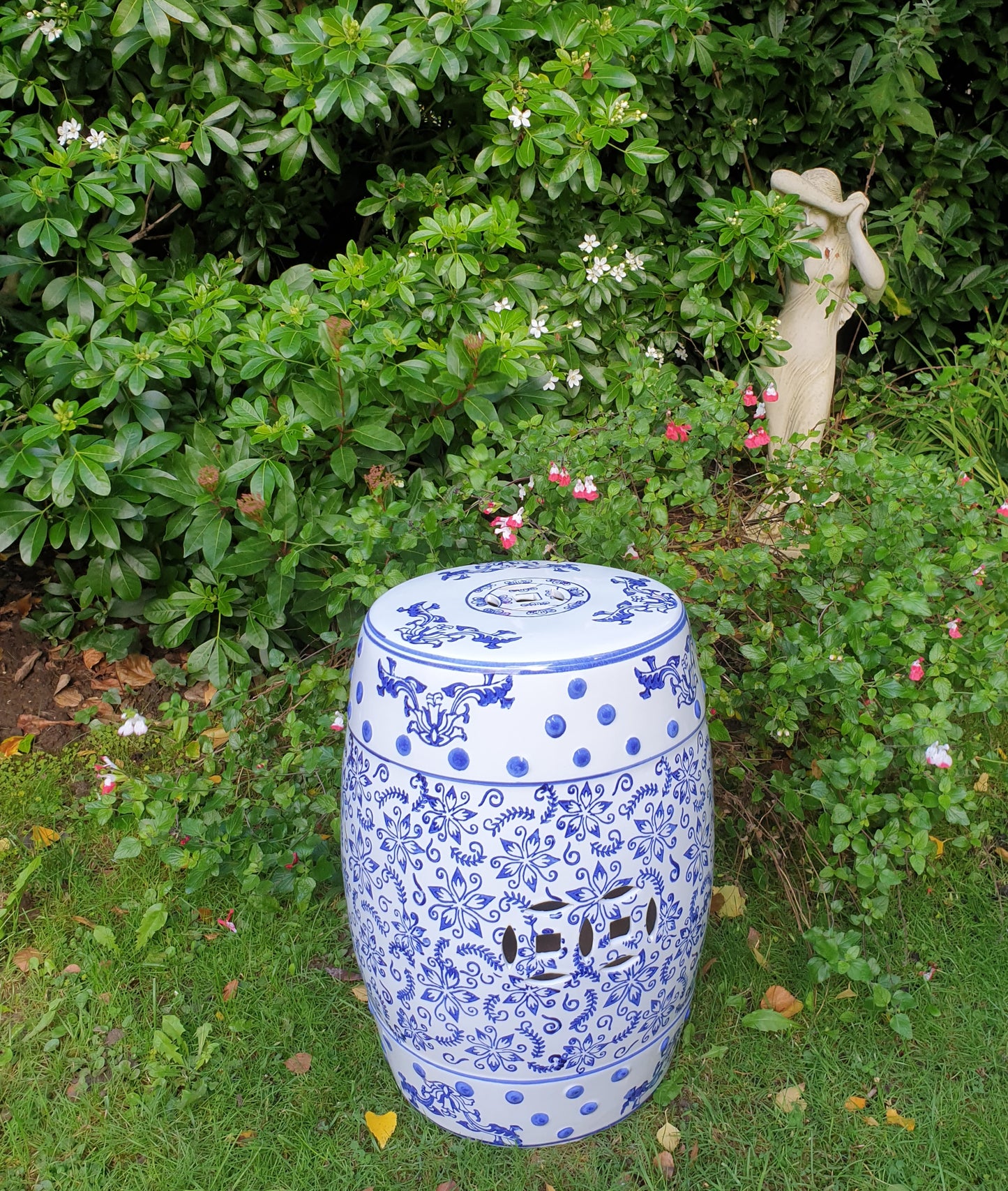 Chinese Ceramic Garden Stool / Plant Stand - Blossom and Catkins Pattern