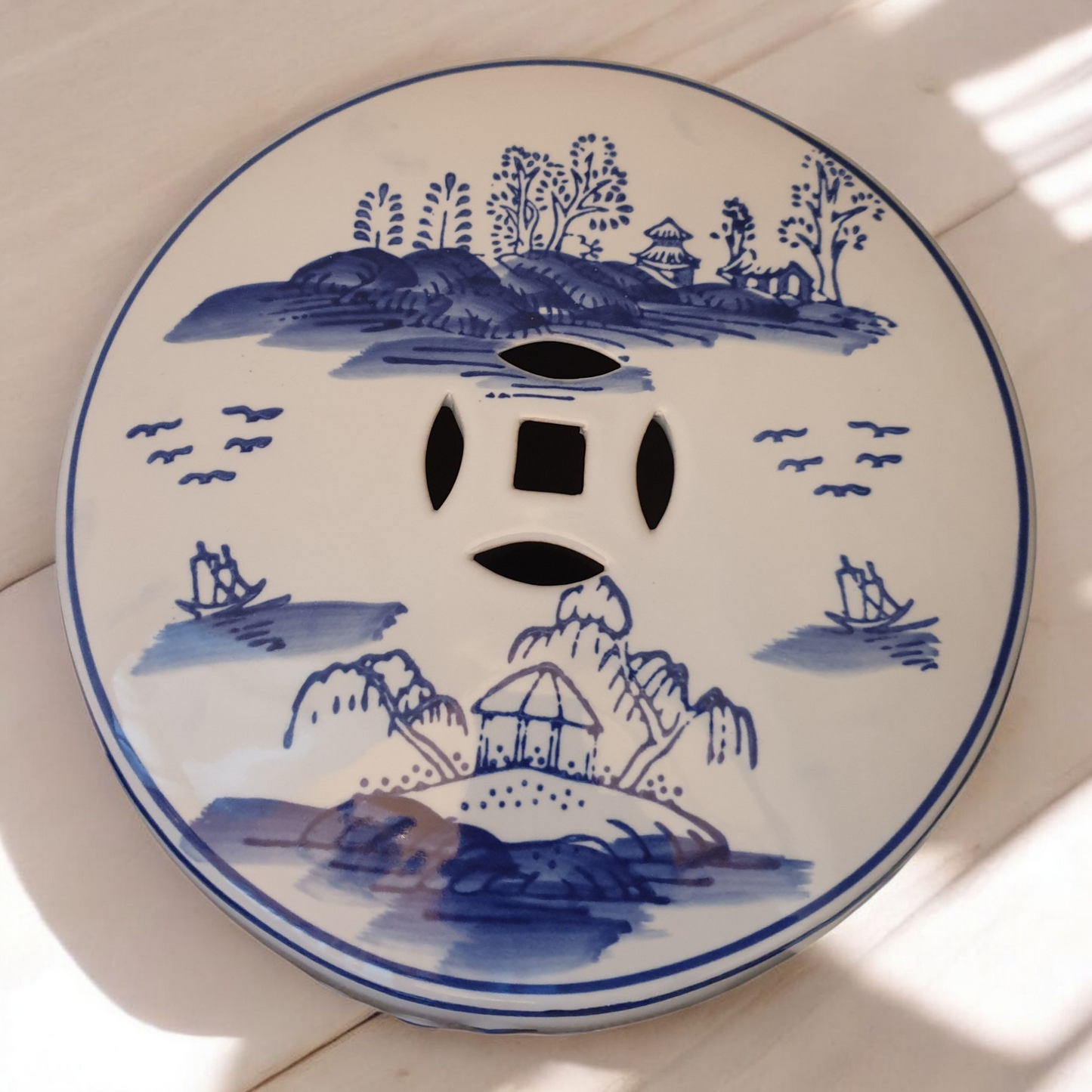 Chinese Ceramic Stool / Plant Stand - Blue and White Willow Pattern
