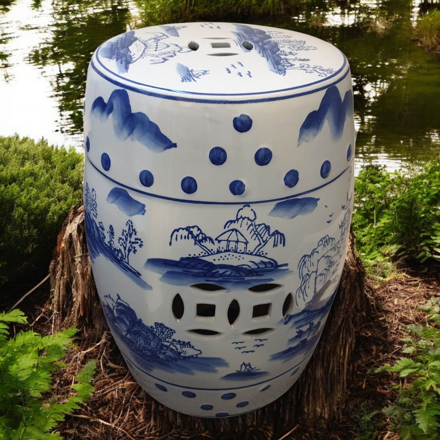 Chinese Ceramic Stool / Plant Stand - Blue and White Willow Pattern