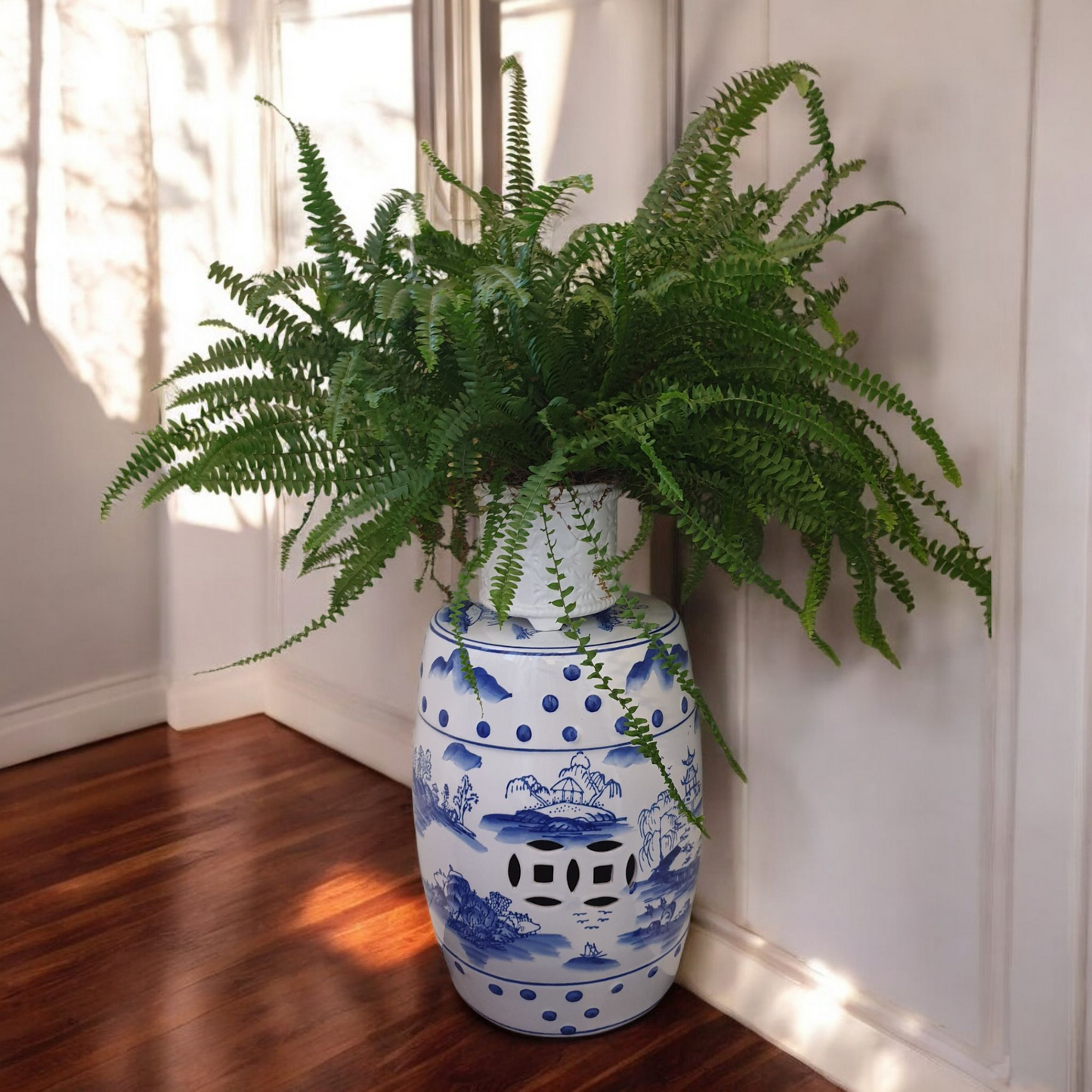 Chinese Ceramic Stool / Plant Stand - Blue and White Willow Pattern
