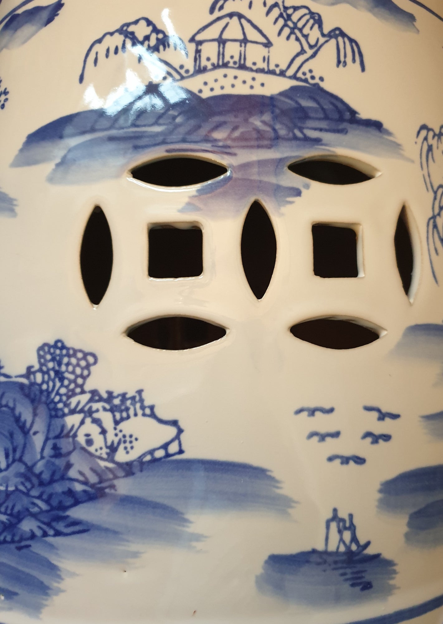 Chinese Ceramic Stool / Plant Stand - Blue and White Willow Pattern
