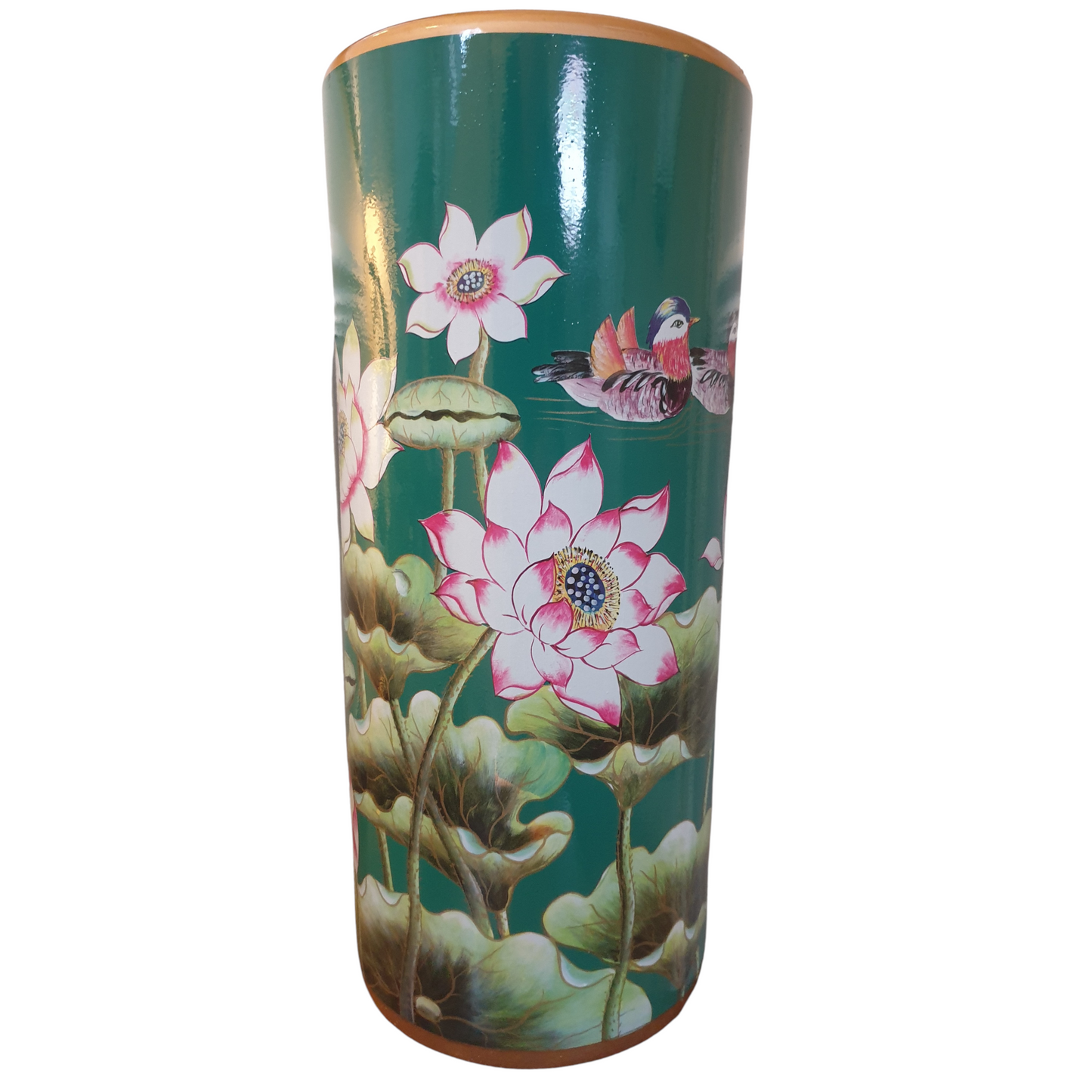 Umbrella Stand / Stick Holder - Chinese Ceramic - Lotus Flower / Mandarin Ducks