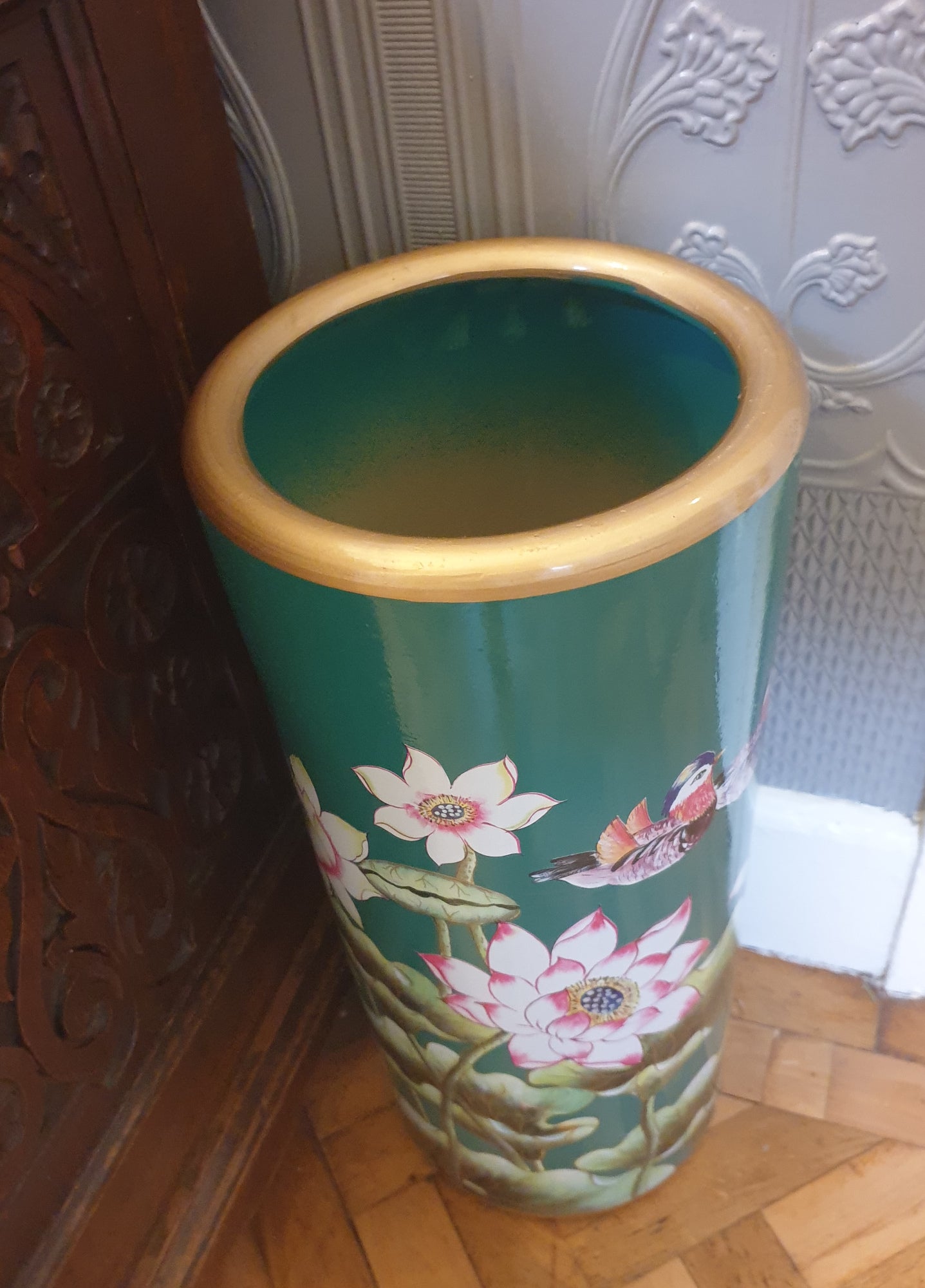 Umbrella Stand / Stick Holder - Chinese Ceramic - Lotus Flower / Mandarin Ducks