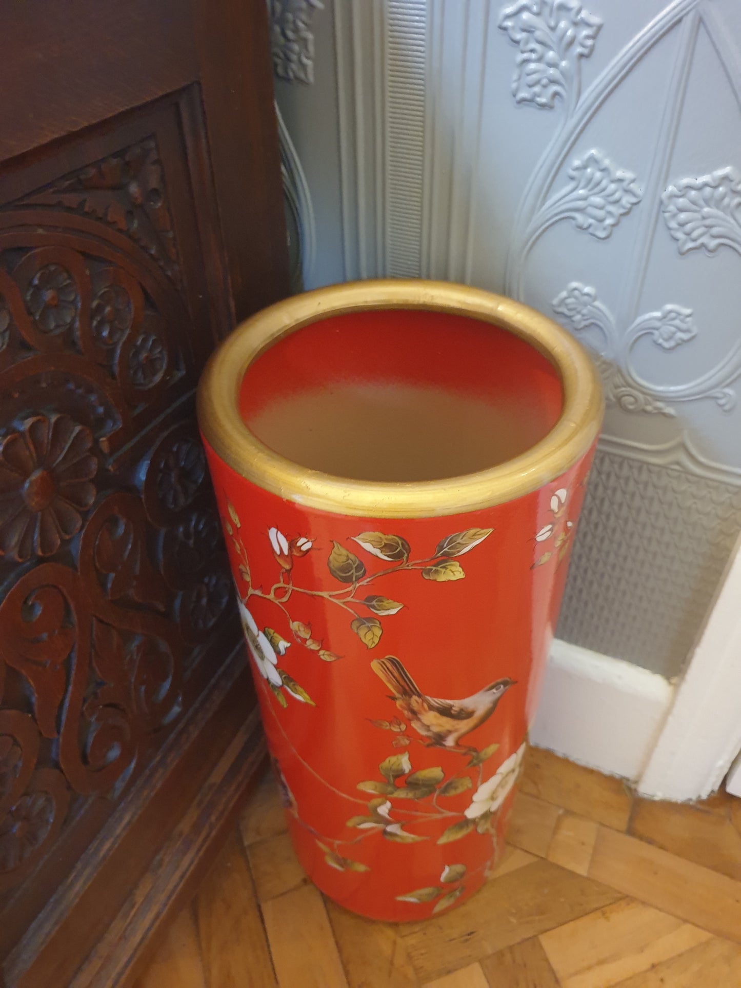 Umbrella Stand / Stick Holder - Chinese Ceramic - Chaffinches and Flowers