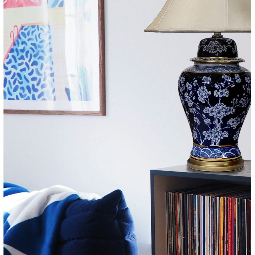 Pair of Chinese Jar Table Lamps with Shades - Blue and White Blossom Pattern - 75cm