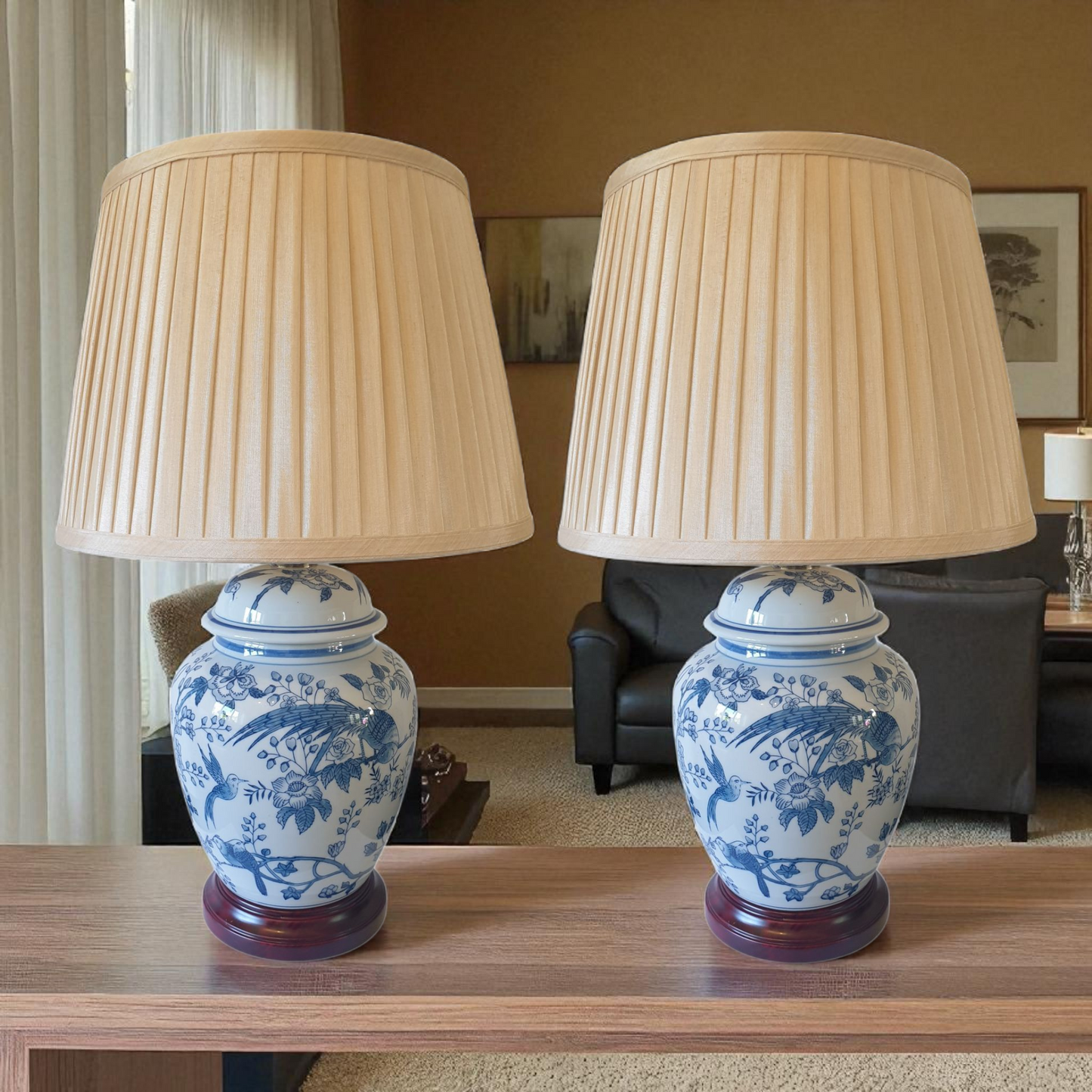 Pair of Chinese General Jar Table Lamps with Shades - Blue Tropical Birds - 55cm