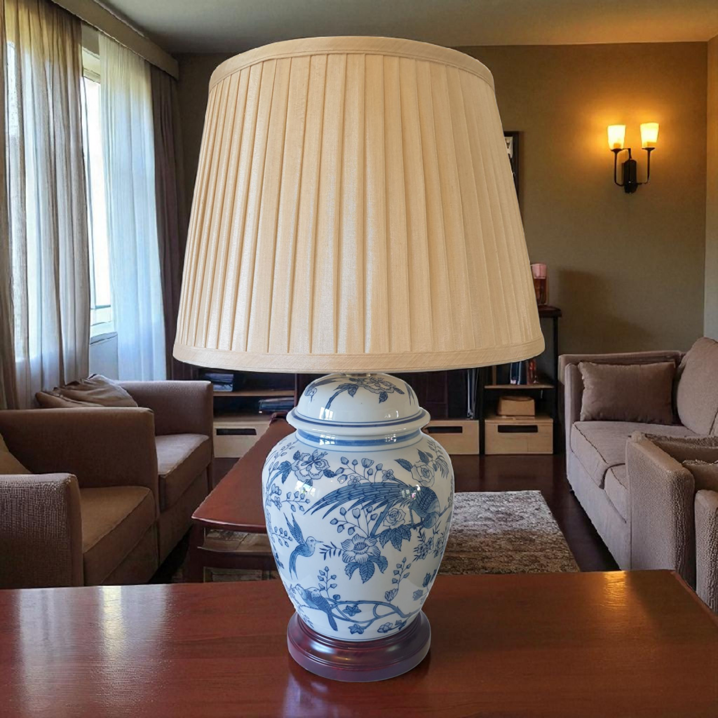 Chinese General Jar Table Lamp with Shade - Blue Tropical Birds - 55cm