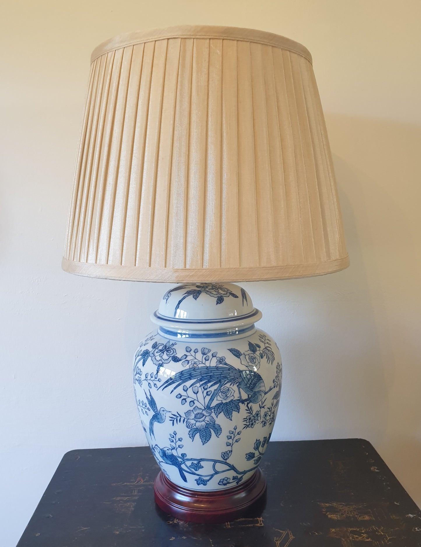 Chinese General Jar Table Lamp with Shade - Blue Tropical Birds - 55cm
